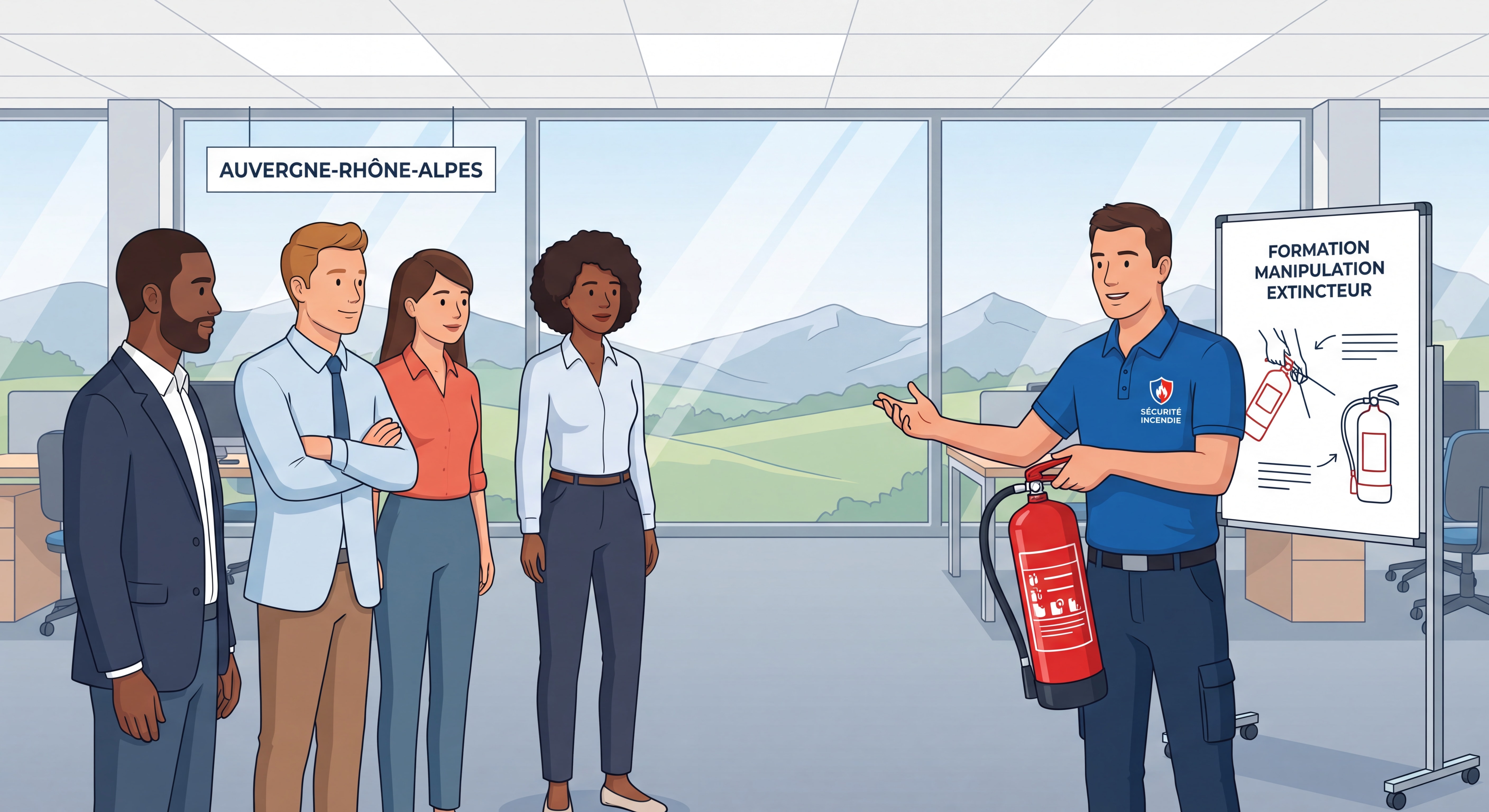 Formateur en sécurité incendie dispensant une formation manipulation extincteur directement dans les locaux d'une entreprise en Auvergne-Rhône-Alpes
