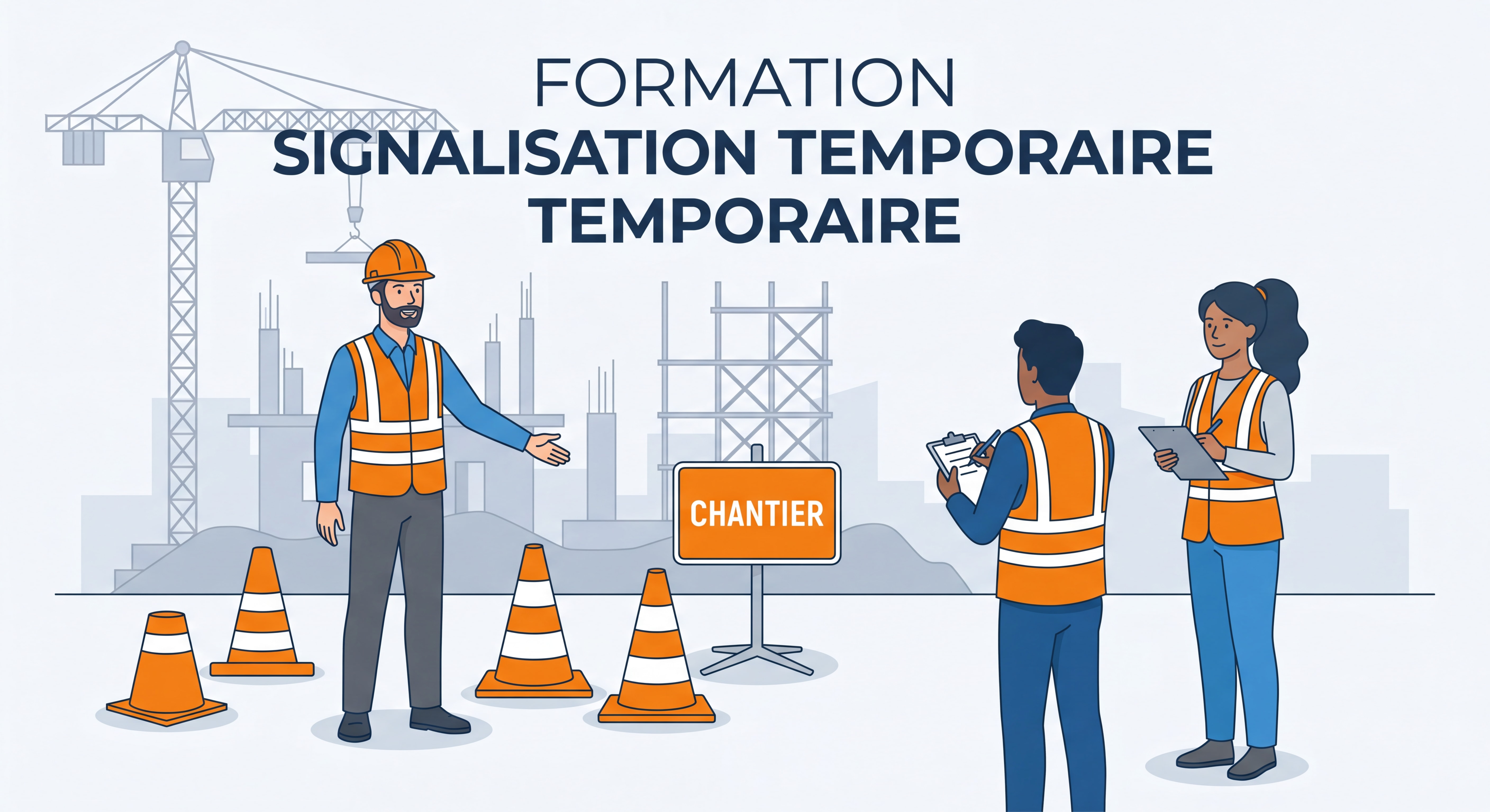 Formation signalisation temporaire de chantier en entreprise — formateur avec cônes et panneaux sur site BTP
