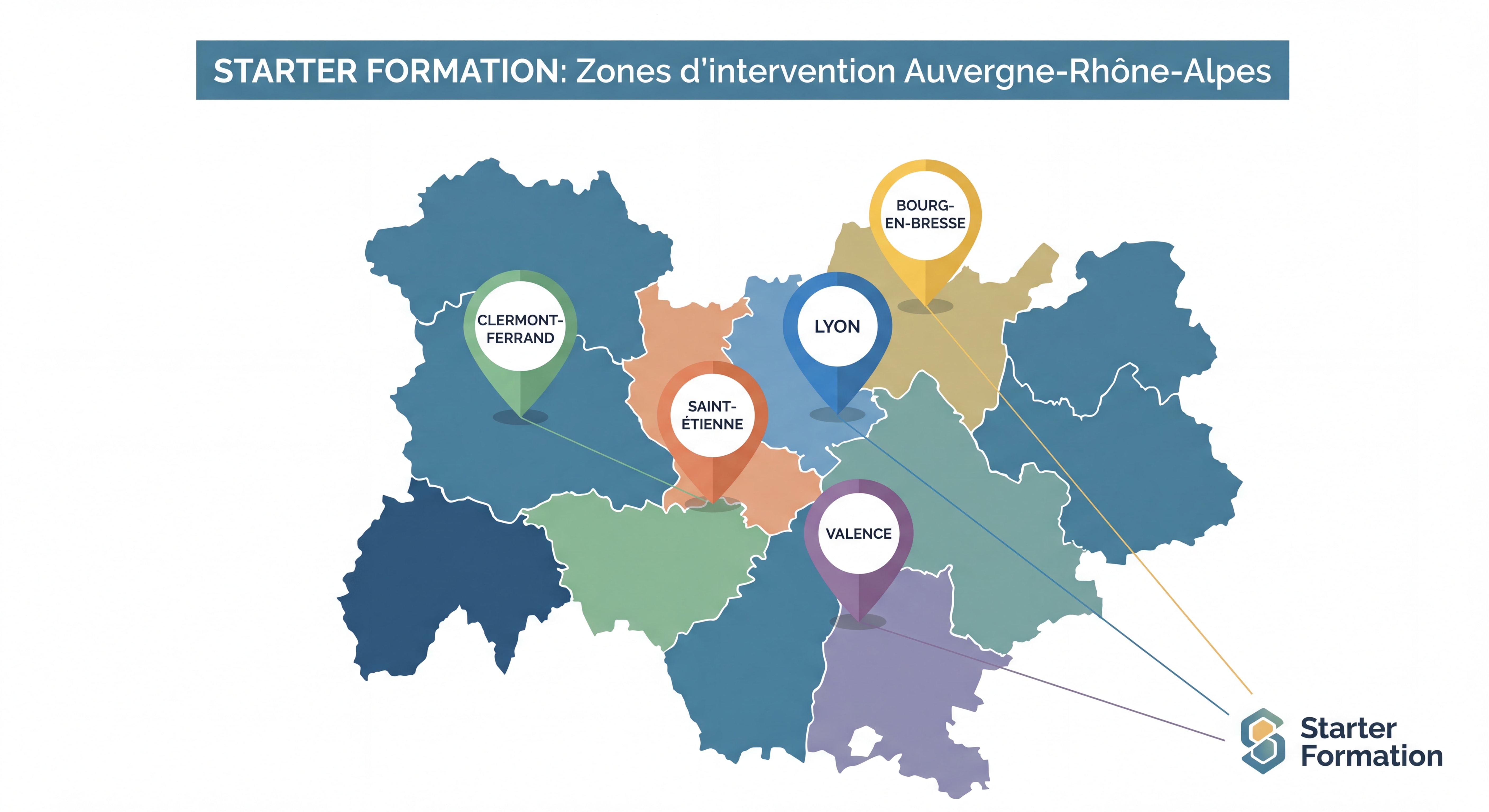 Carte Auvergne-Rhône-Alpes avec villes d'intervention Starter Formation — Lyon, Clermont-Ferrand, Saint-Étienne, Valence, Bourg-en-Bresse