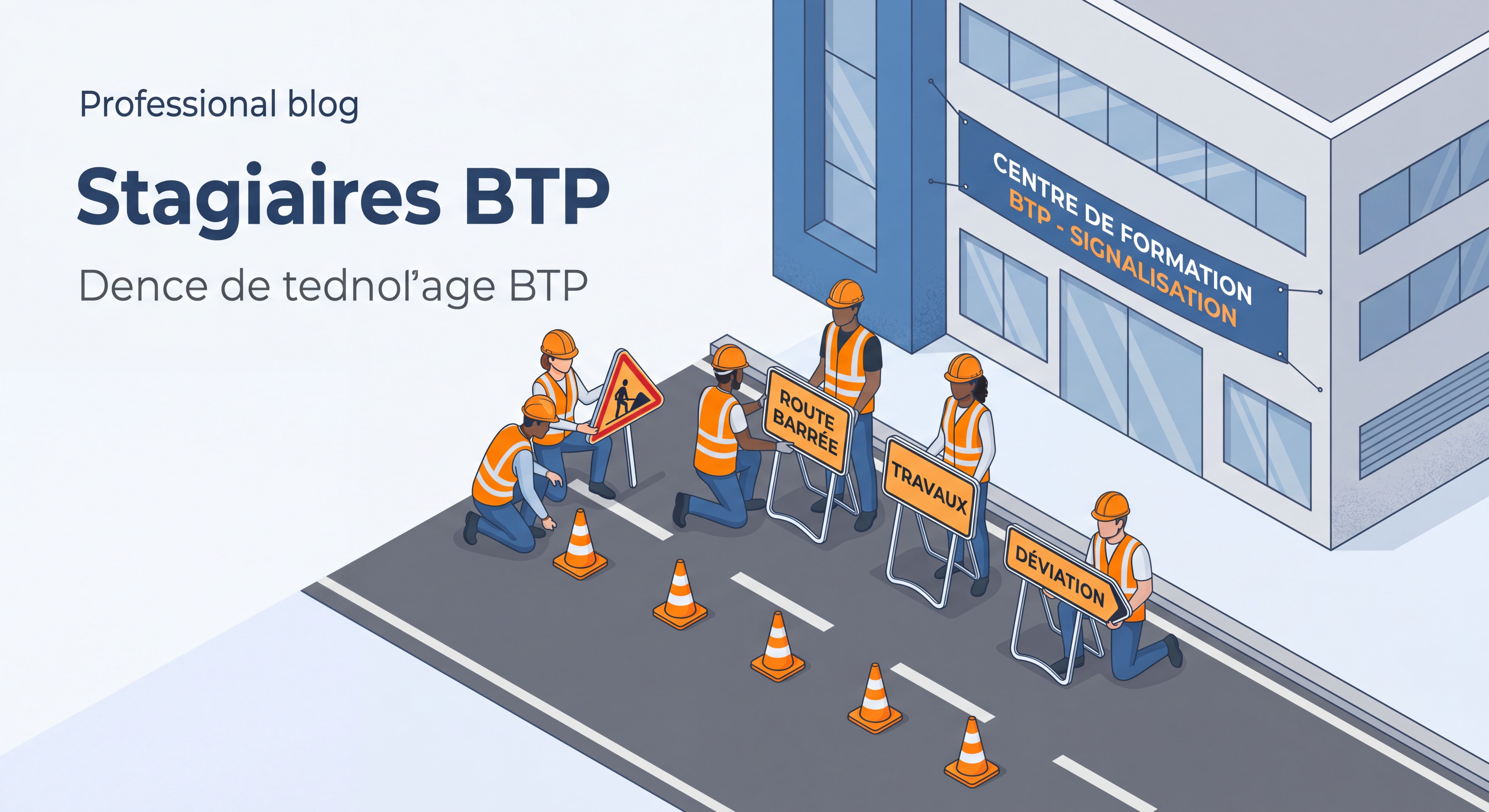 Stagiaires BTP en formation signalisation temporaire posant des cônes et panneaux sur voie publique simulée