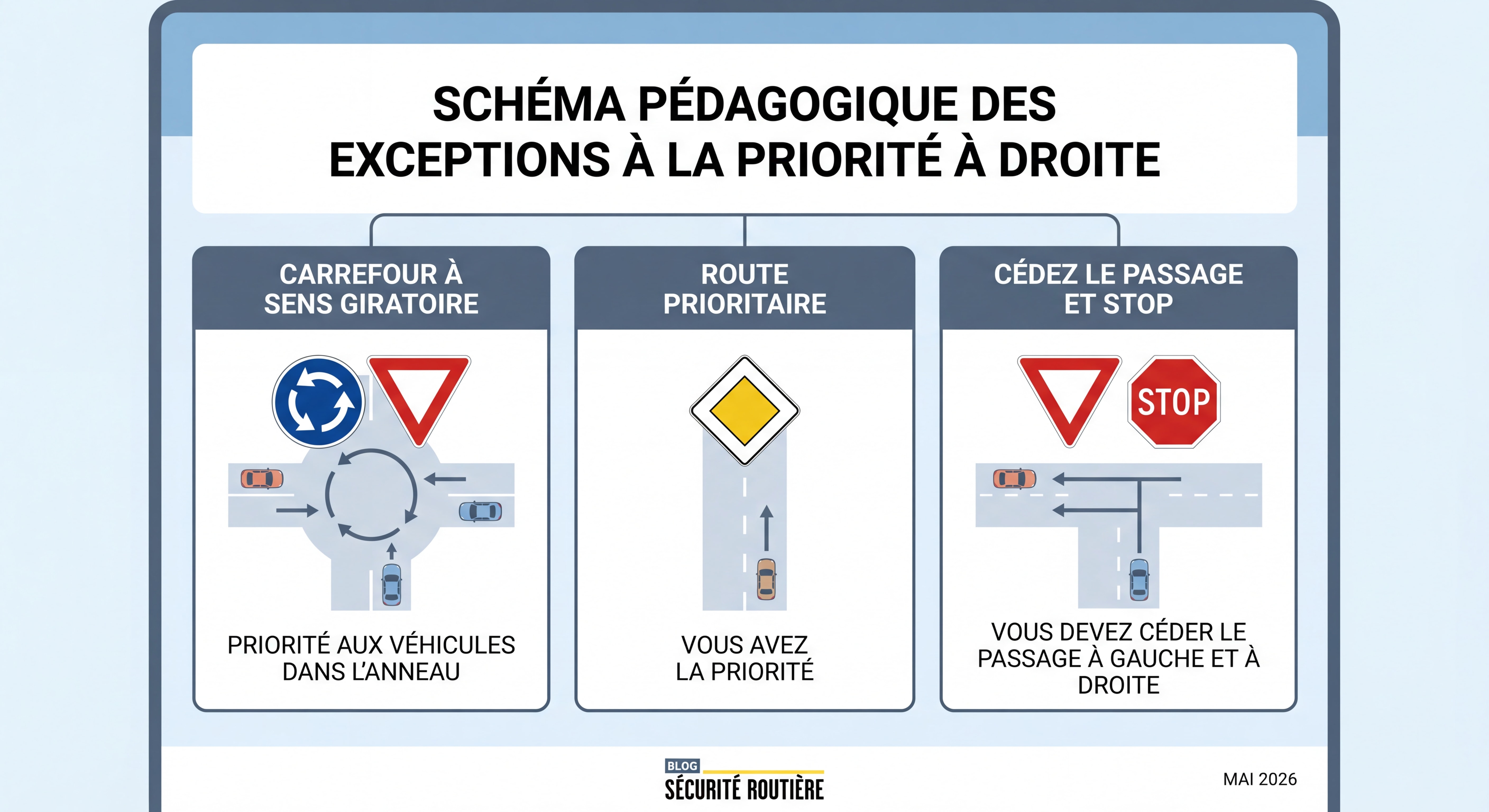 Schéma pédagogique des exceptions à la priorité à droite avec panneaux de signalisation français
