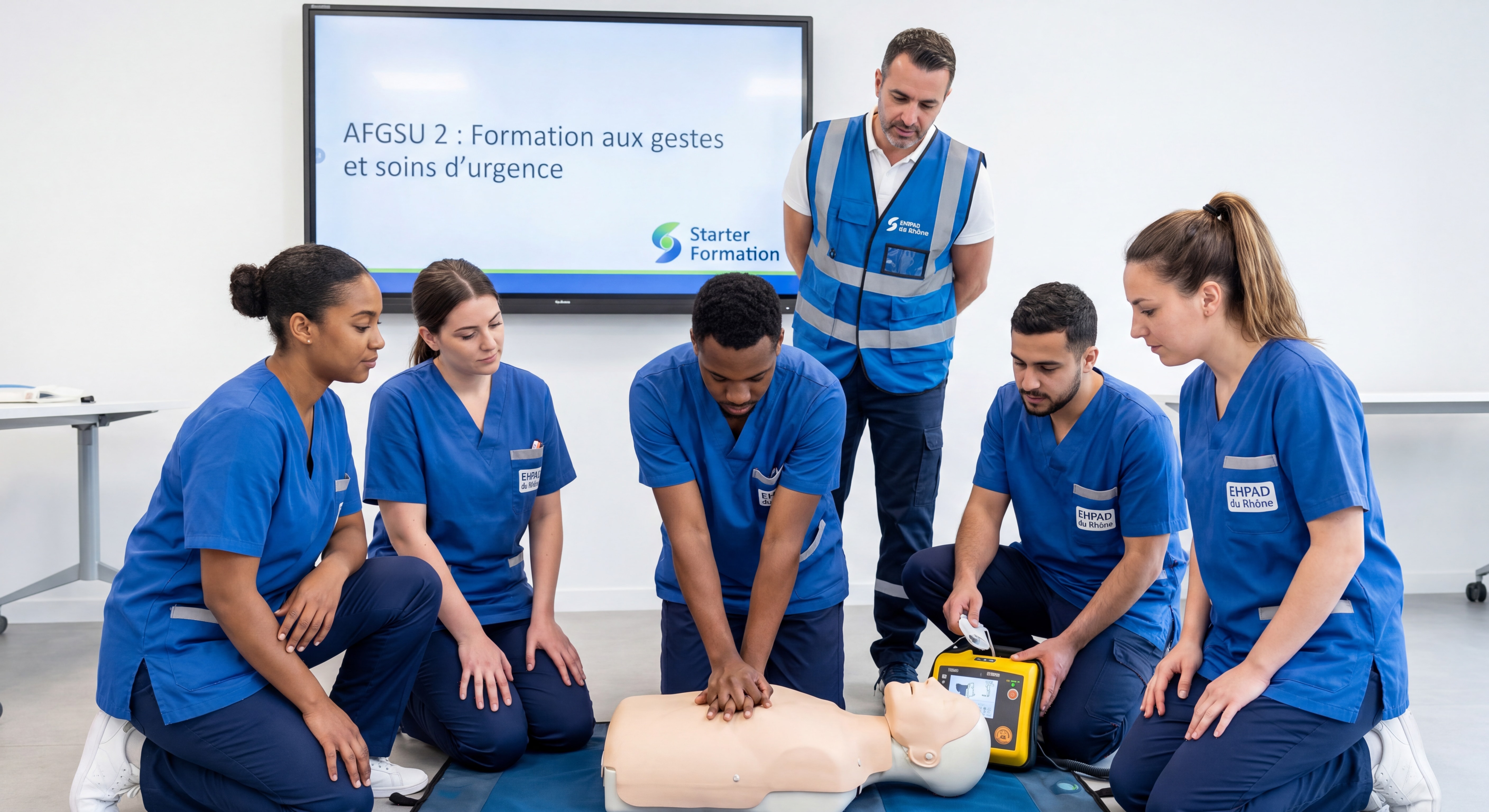 Équipe soignante d'un EHPAD du Rhône en formation pratique AFGSU 2 avec Starter Formation, exercice de réanimation cardio-pulmonaire