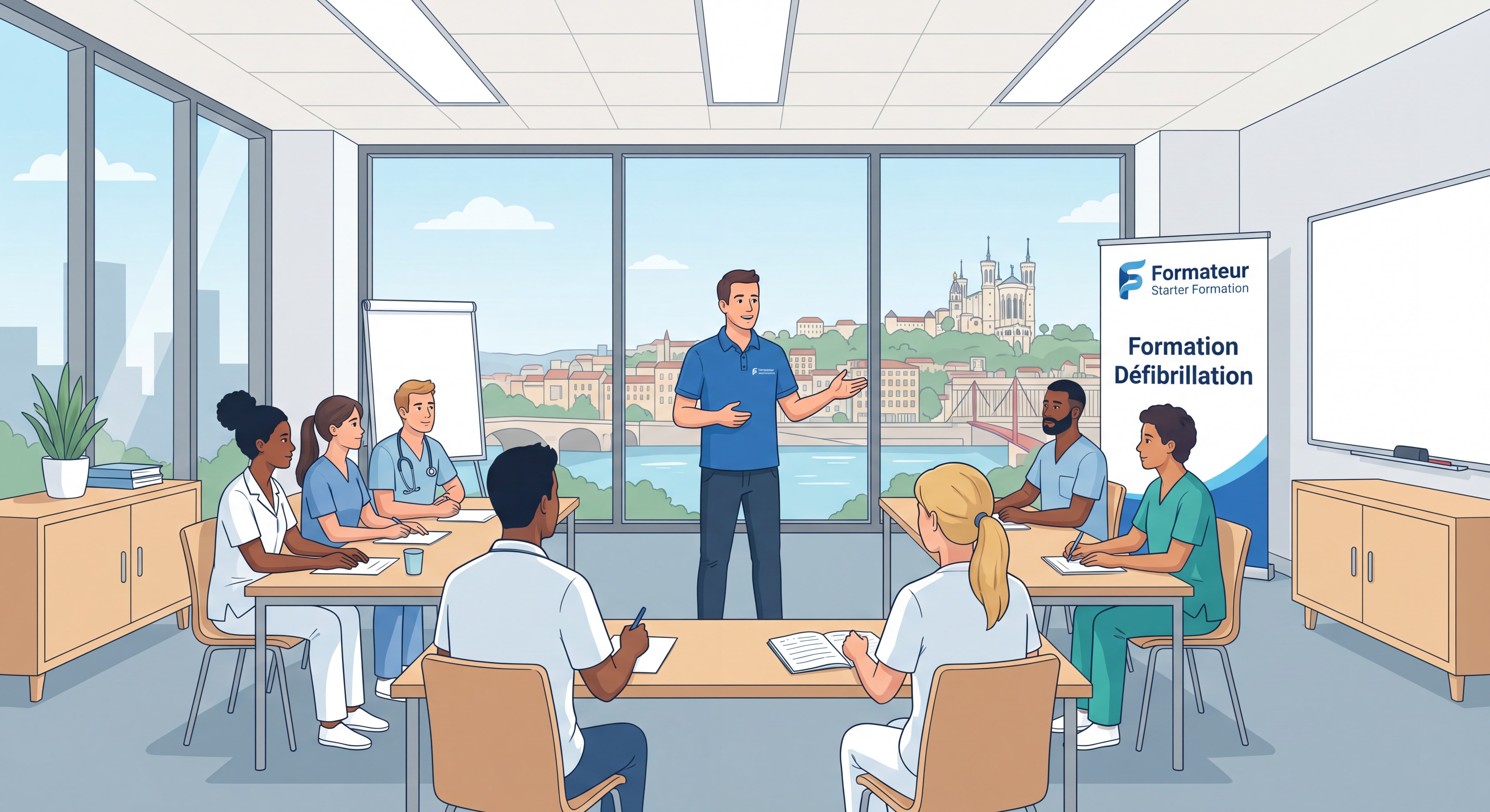 Formateur Starter Formation animant un atelier de défibrillation avec du personnel soignant dans une salle de formation en EHPAD à Lyon