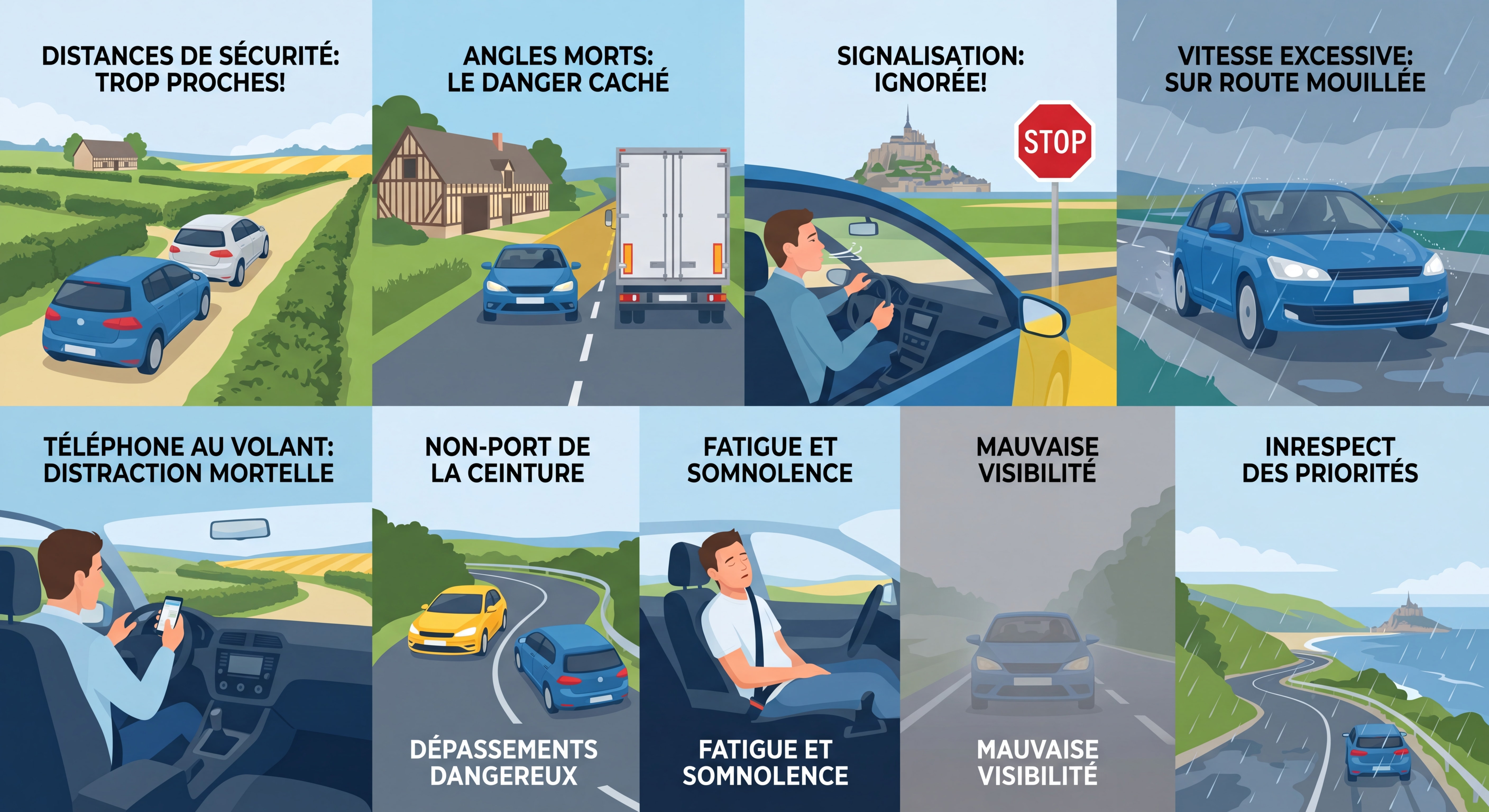 Illustration pédagogique des 10 comportements dangereux au volant — distances de sécurité, angles morts, signalisation — dans un contexte de conduite en Normandie