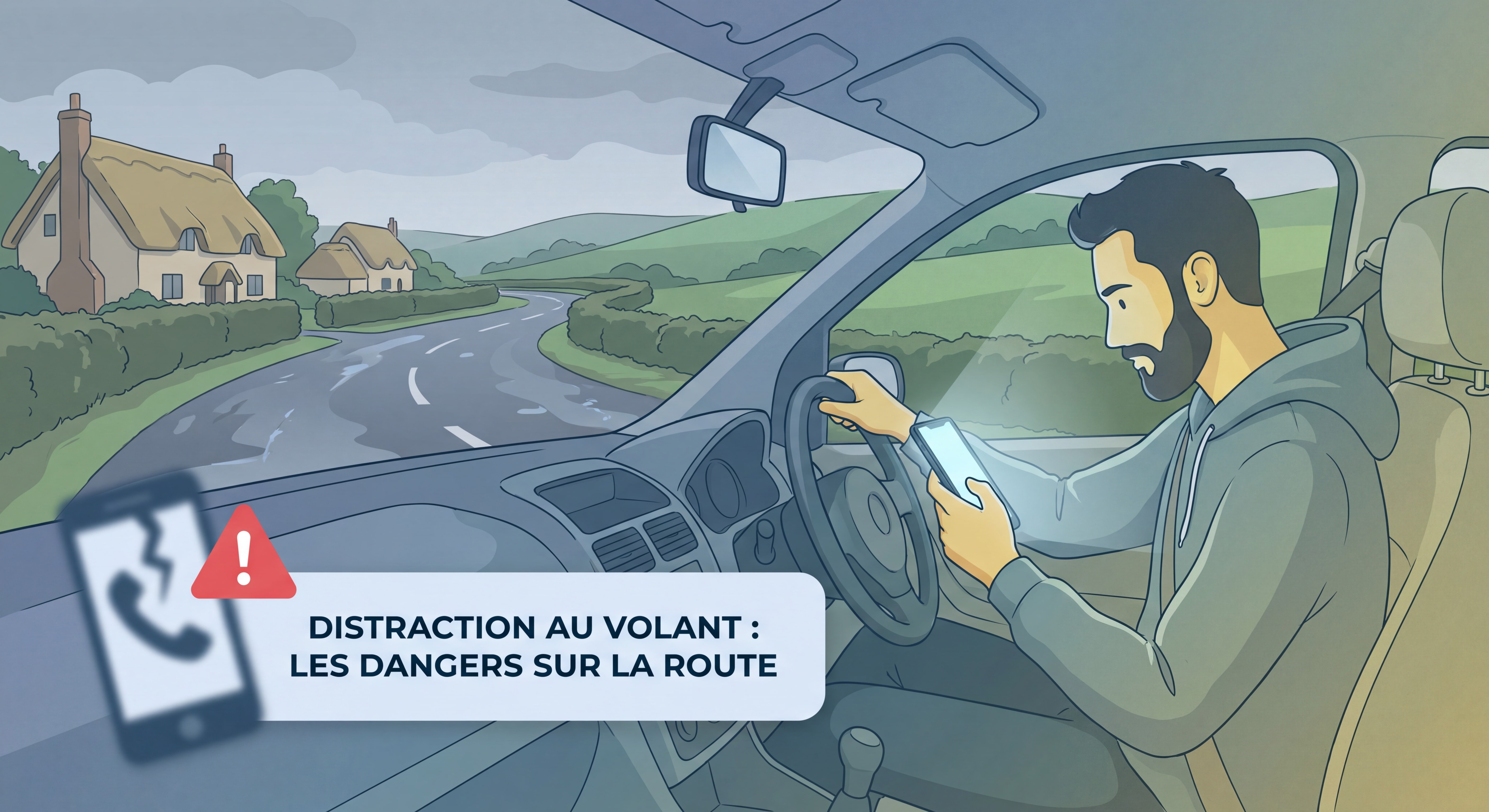 Conducteur distrait regardant son téléphone au volant sur une route normande, illustration des dangers du comportement au volant