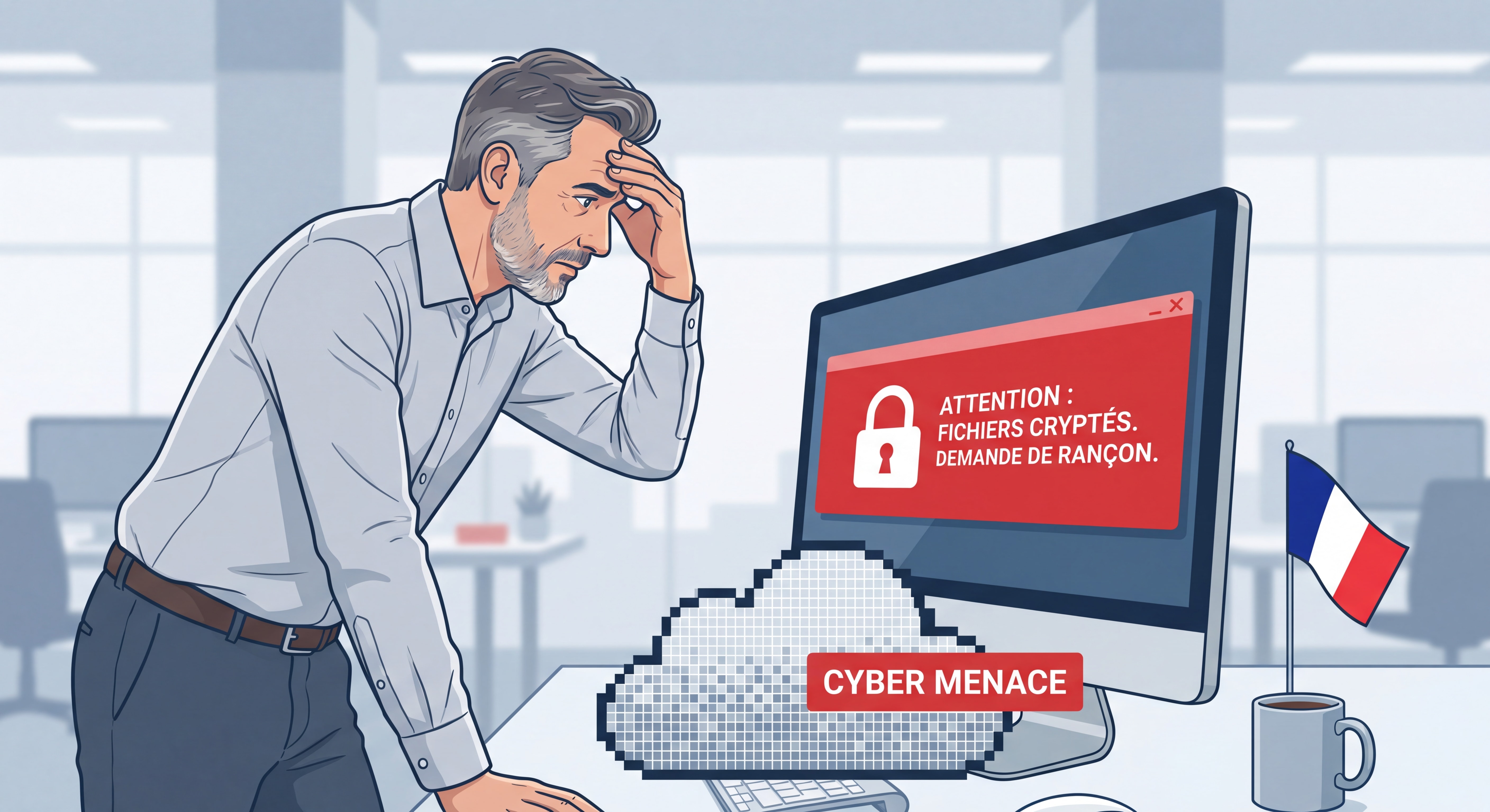 Dirigeant de PME inquiet devant son écran d'ordinateur avec une alerte de ransomware, symbolisant la menace cyber pour les petites entreprises françaises