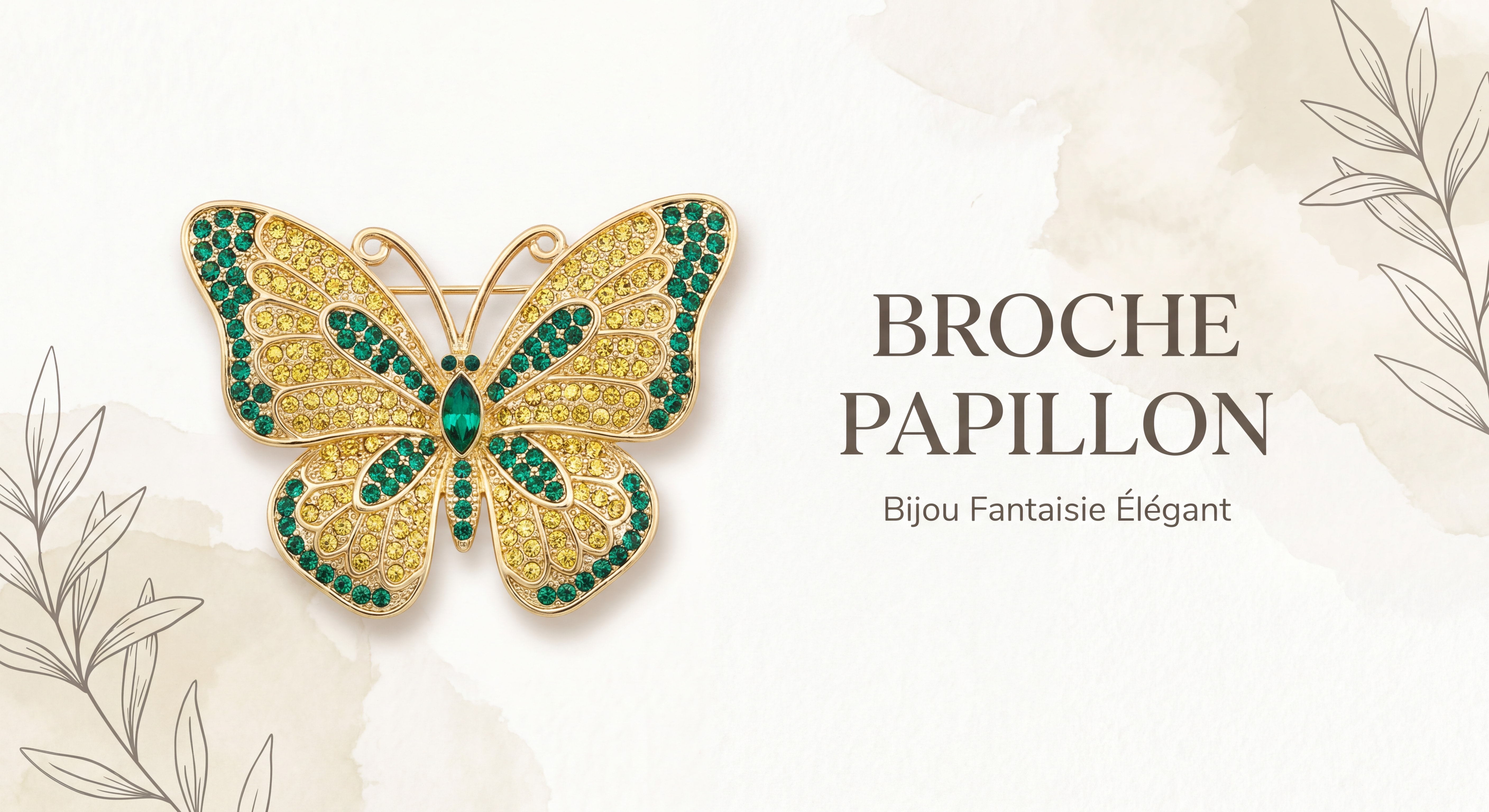 Broche papillon jaune et émeraude en strass dorés, bijou fantaisie élégant pour femme sur fond clair et délicat