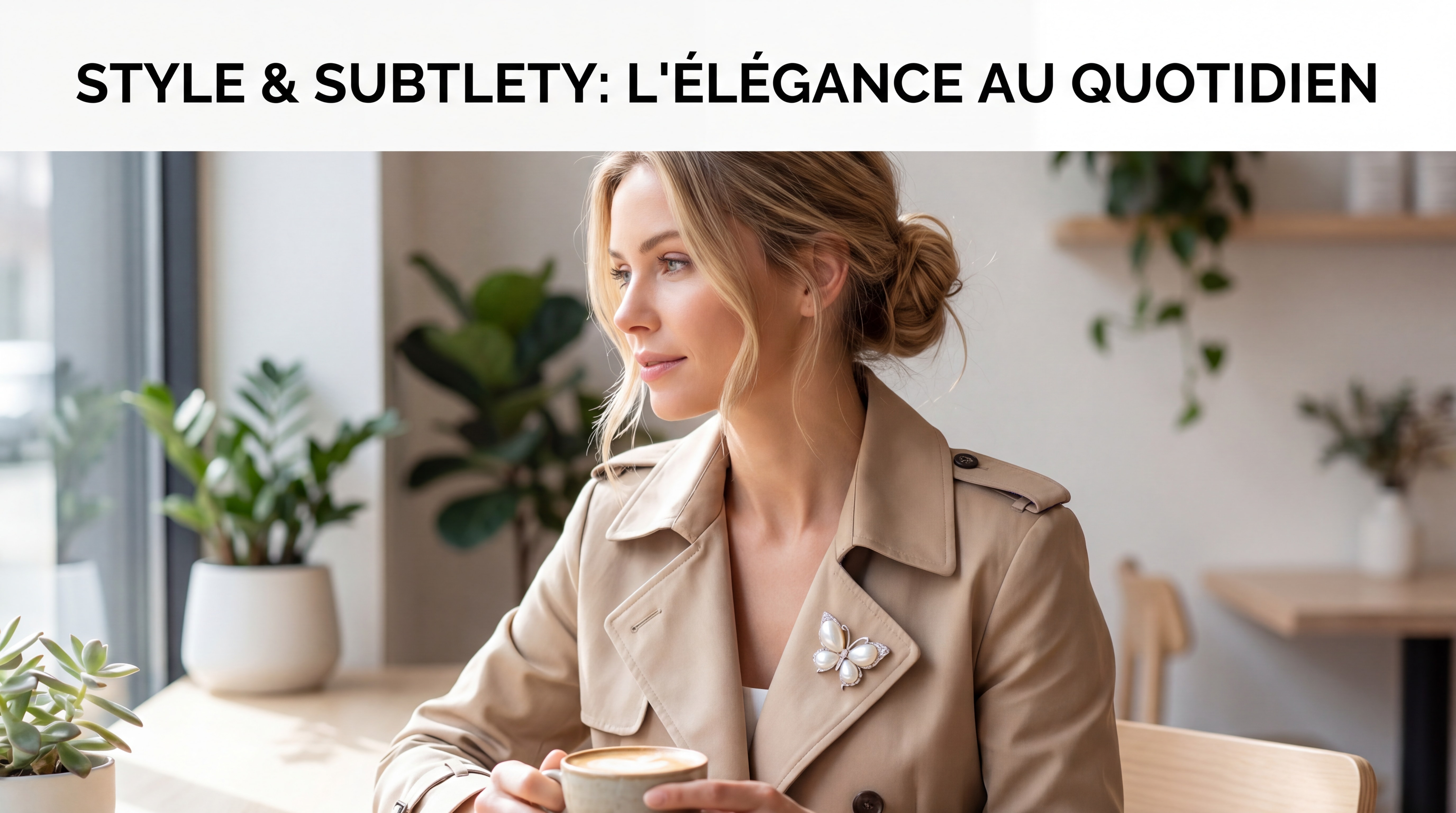 Femme élégante portant une broche papillon nacrée sur un manteau beige, style chic et féminin, lumière naturelle douce