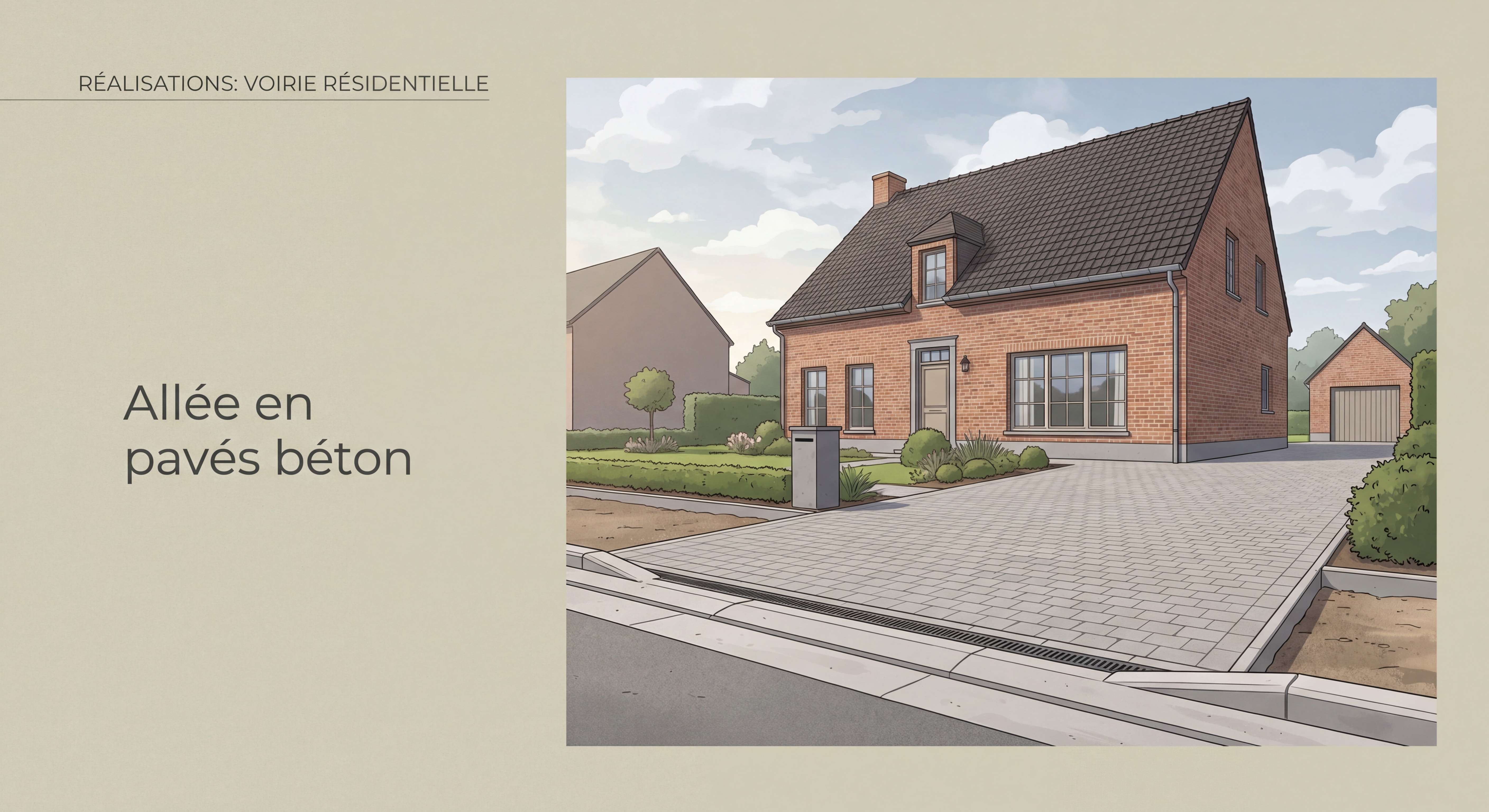 Allée en pavés béton devant une maison belge typique en Brabant Wallon, chantier de voirie résidentielle terminé avec bordures et drainage