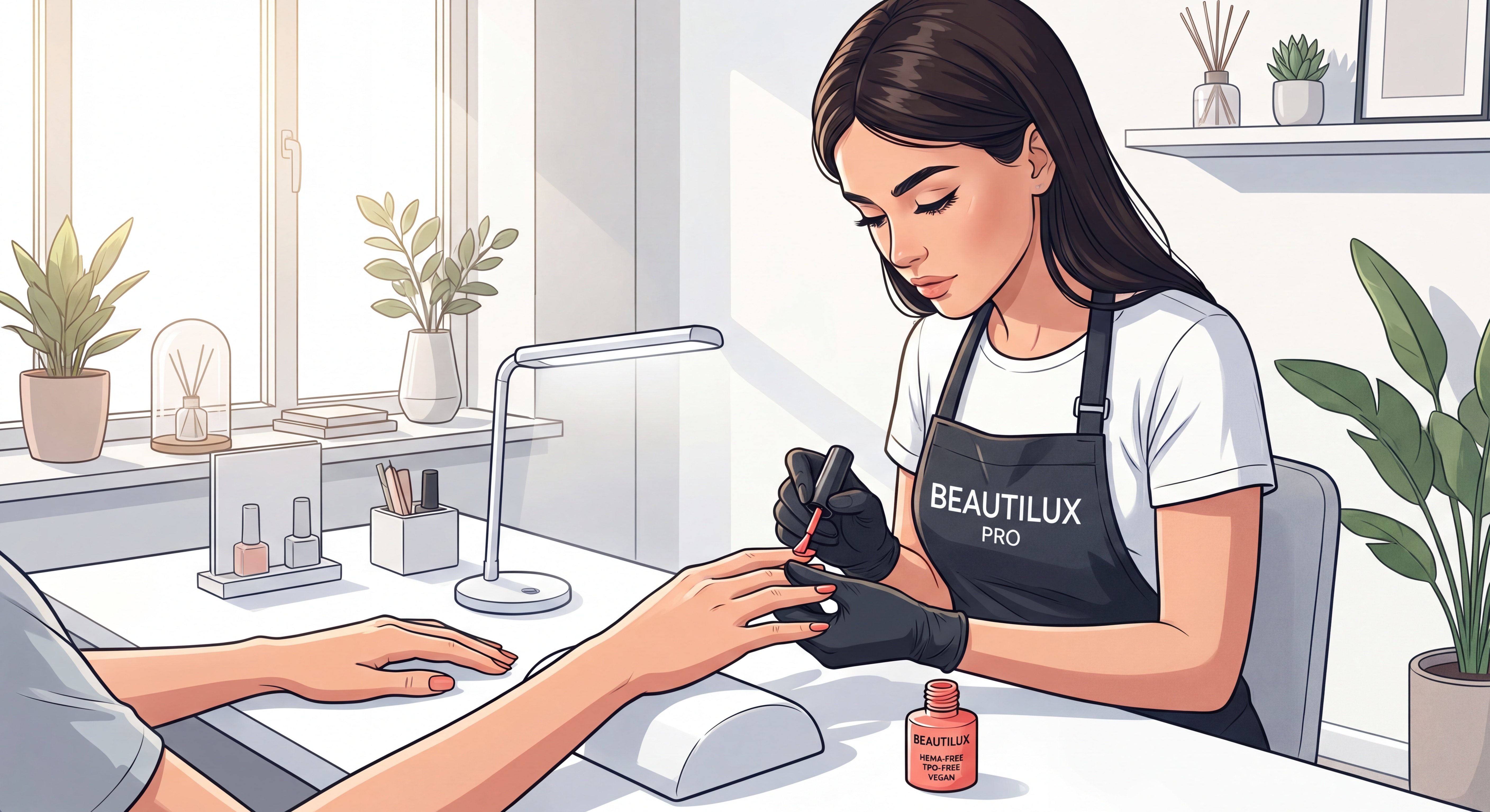 Nail tech professionnelle en train d'appliquer un vernis semi-permanent Beautilux sans HEMA sans TPO vegan sur les ongles d'une cliente dans un salon moderne et lumineux