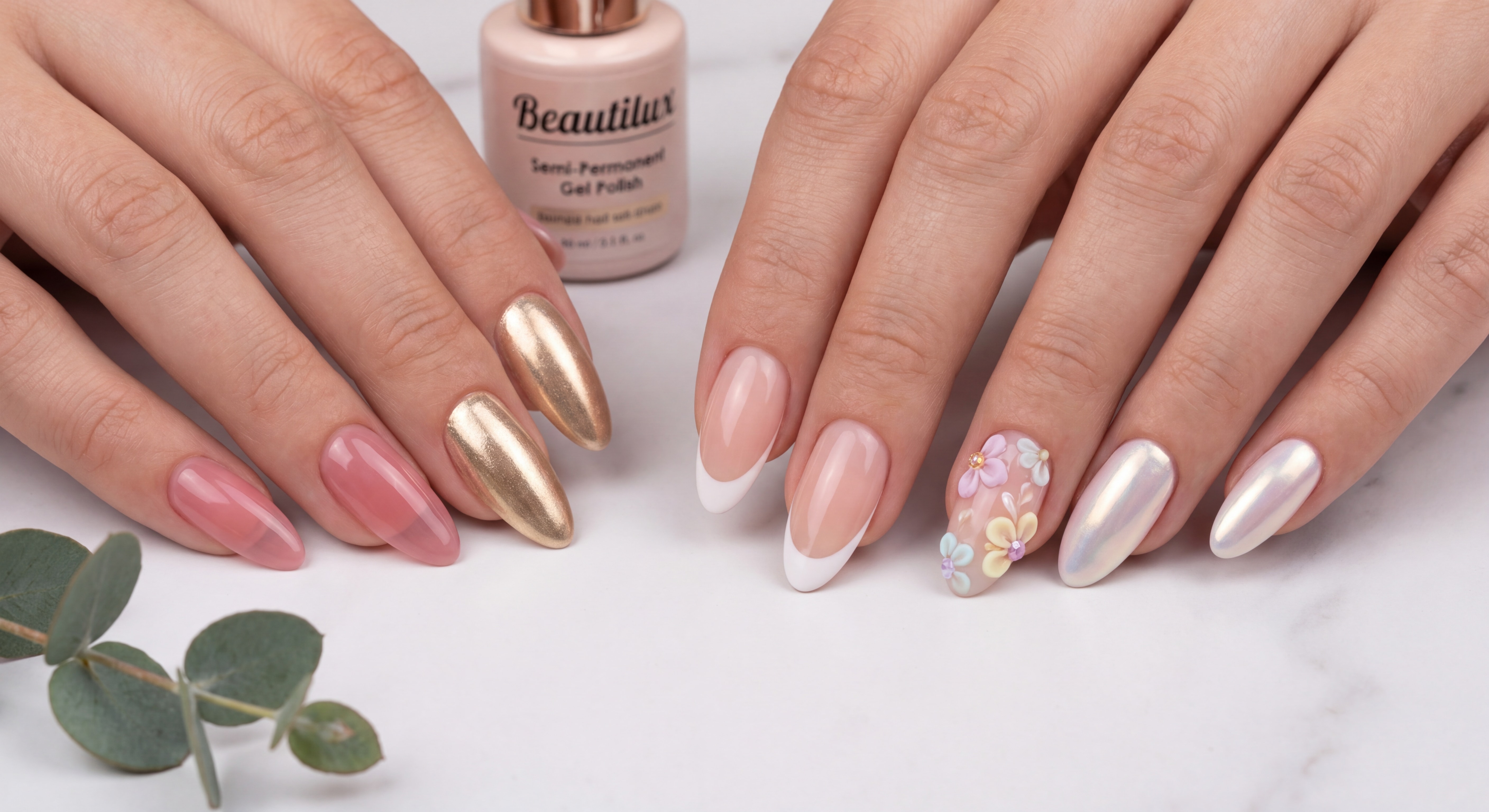 Gros plan sur 5 ongles illustrant les tendances nail art 2026 : jelly nails rose translucide, chrome velvet doré, French tip micro, floral 3D et pearl nacré, réalisés avec vernis semi-permanent Beautilux