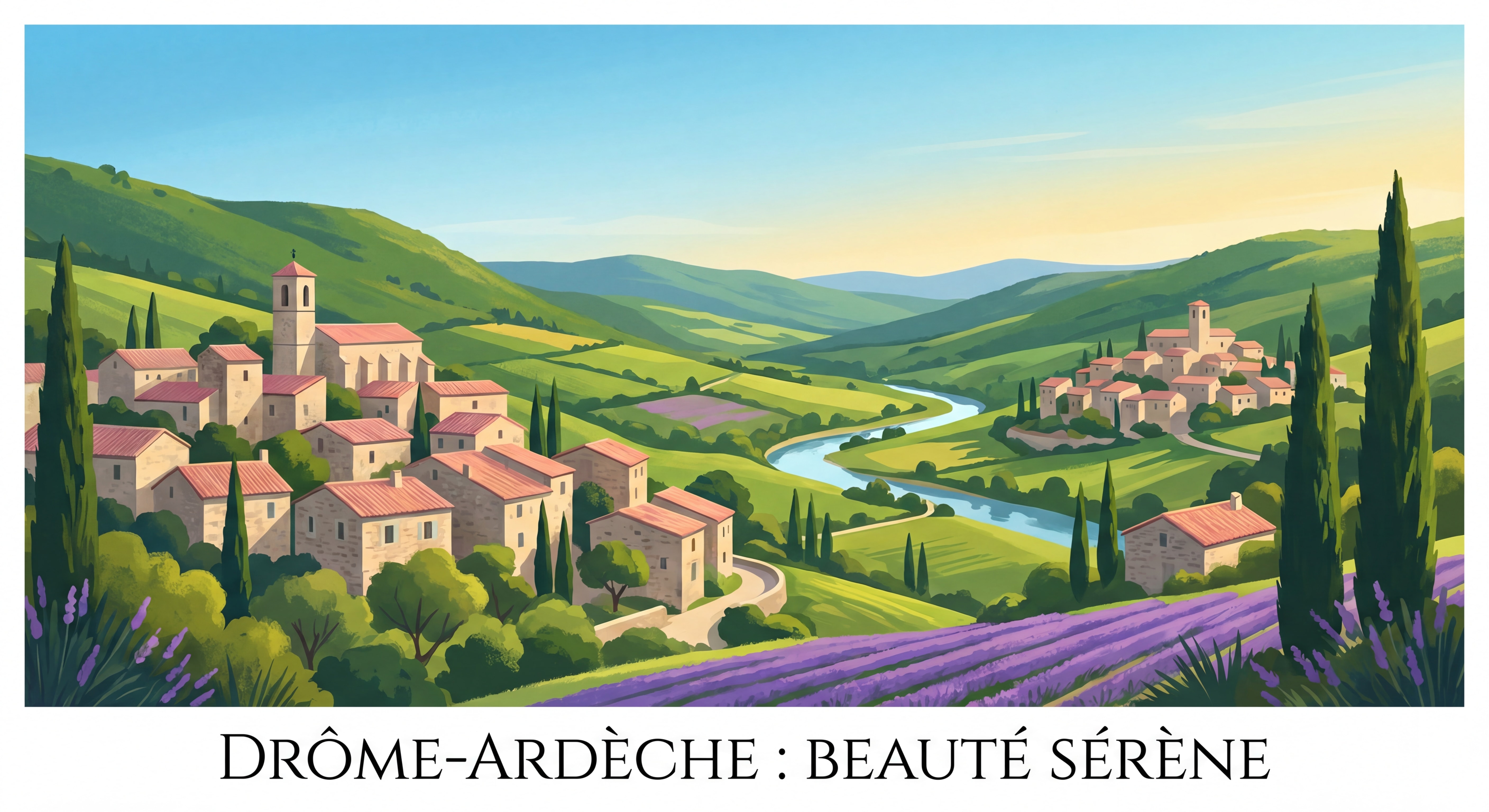 Paysage magnifique de la Drôme-Ardèche avec collines verdoyantes, villages provençaux aux toits de tuiles roses et ciel bleu azur, ambiance sereine et inspirante, lumière dorée de fin d'après-midi
