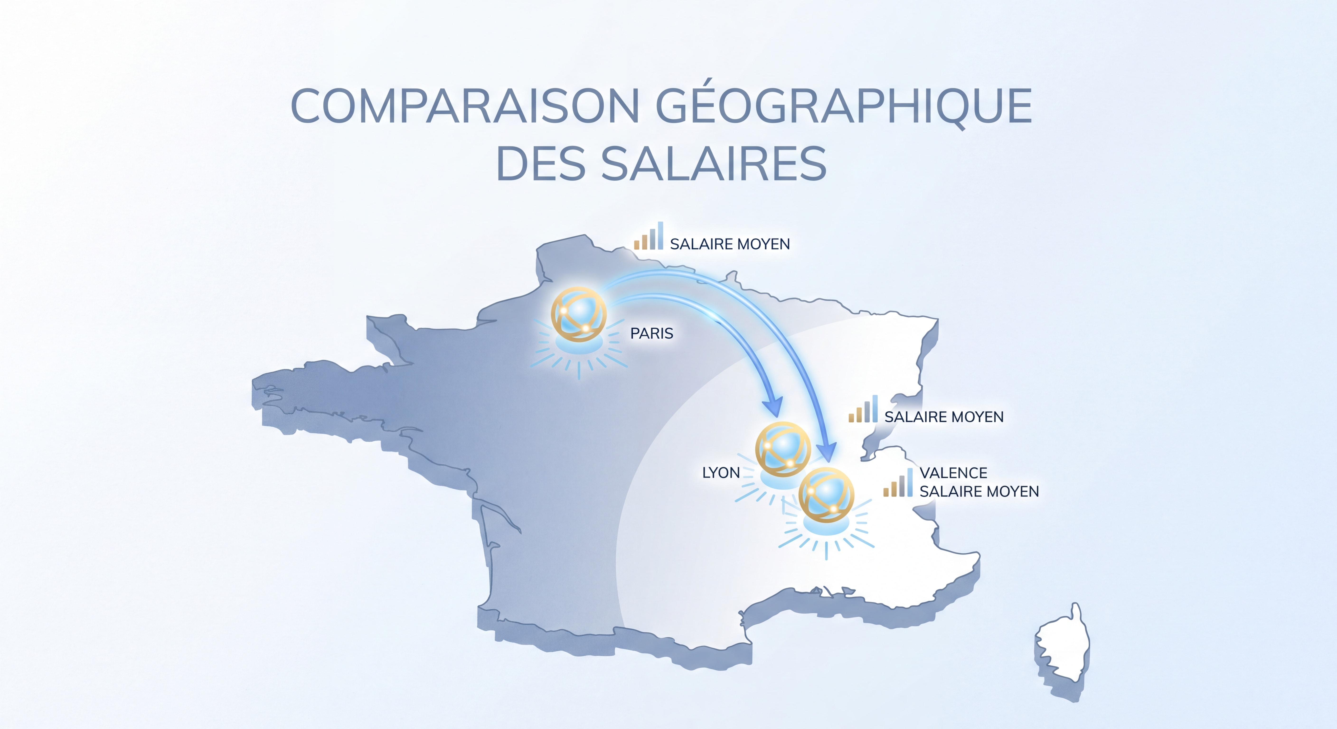 Illustration épurée d'une carte de France avec trois points lumineux sur Paris, Lyon et Valence reliés par des lignes, symbolisant la comparaison géographique des salaires entre les trois villes, fond blanc et bleu clair