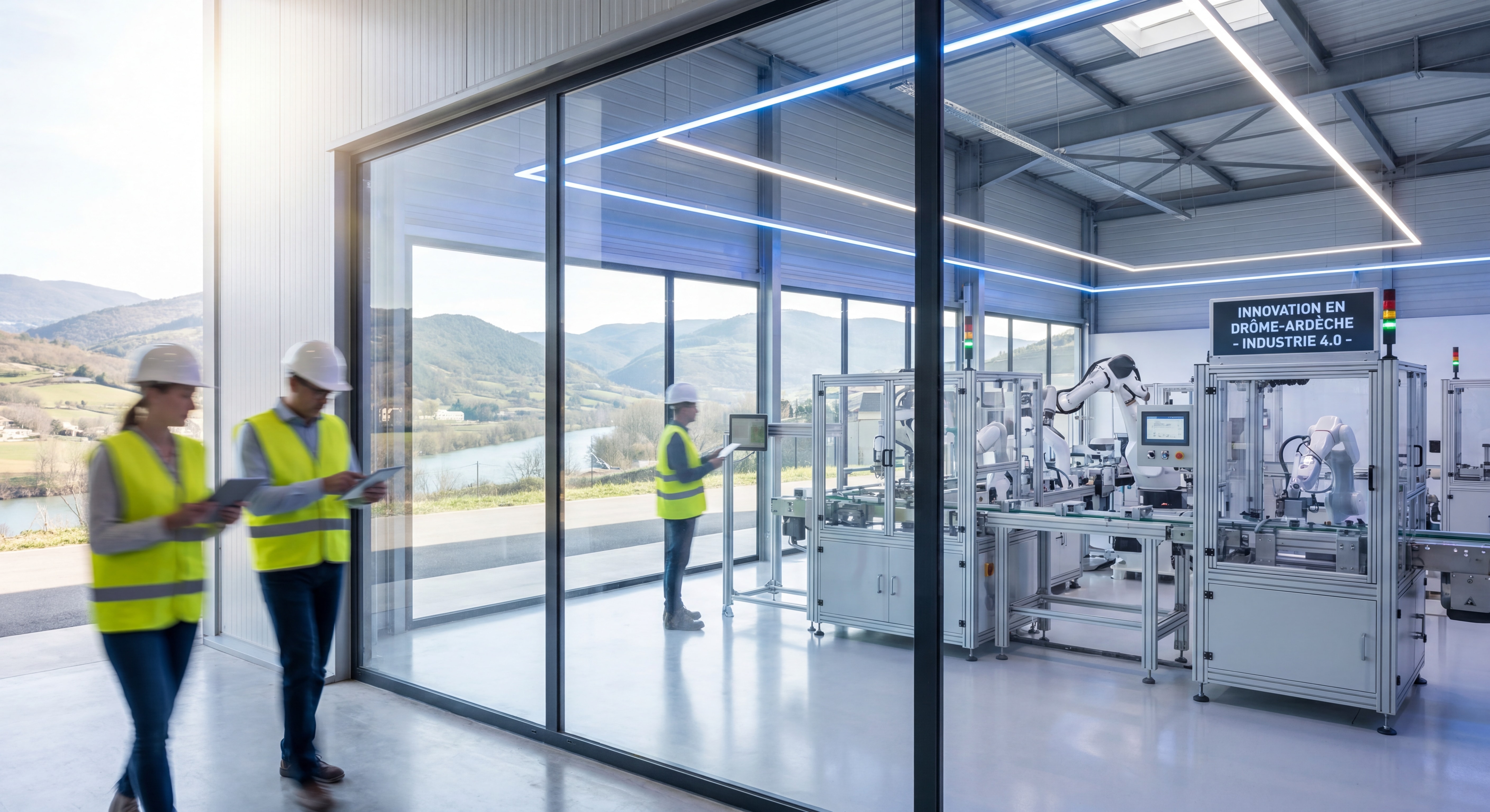 Photo réaliste d'une usine industrielle moderne et propre avec des machines industrielles de haute technologie, ambiance professionnelle et dynamique, éclairage moderne, symbolisant l'industrie 4.0 en Drôme-Ardèche