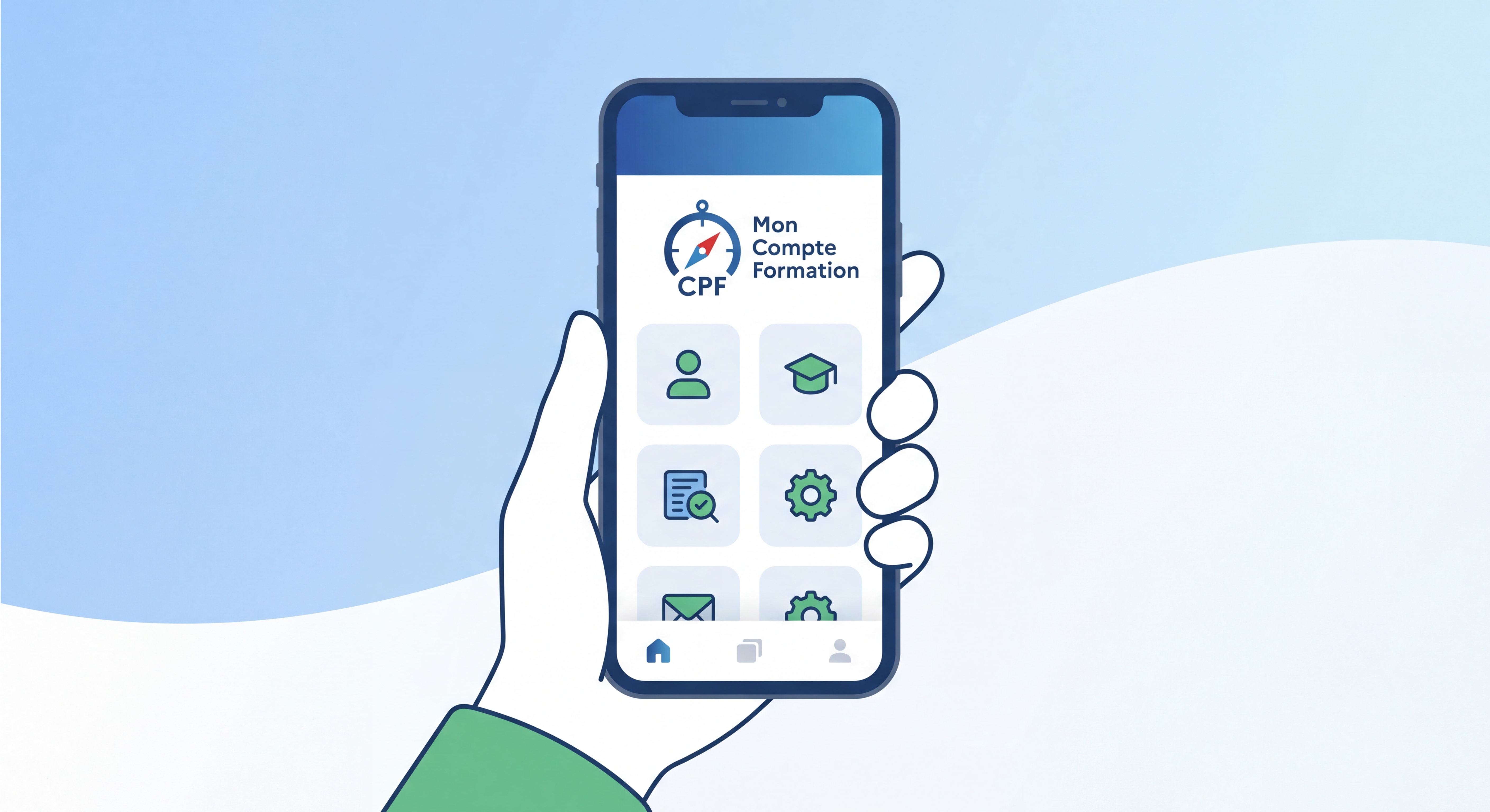 Illustration épurée d'une personne tenant un smartphone avec l'application Mon Compte Formation, sur fond blanc ou bleu clair, ambiance moderne et positive, sans texte