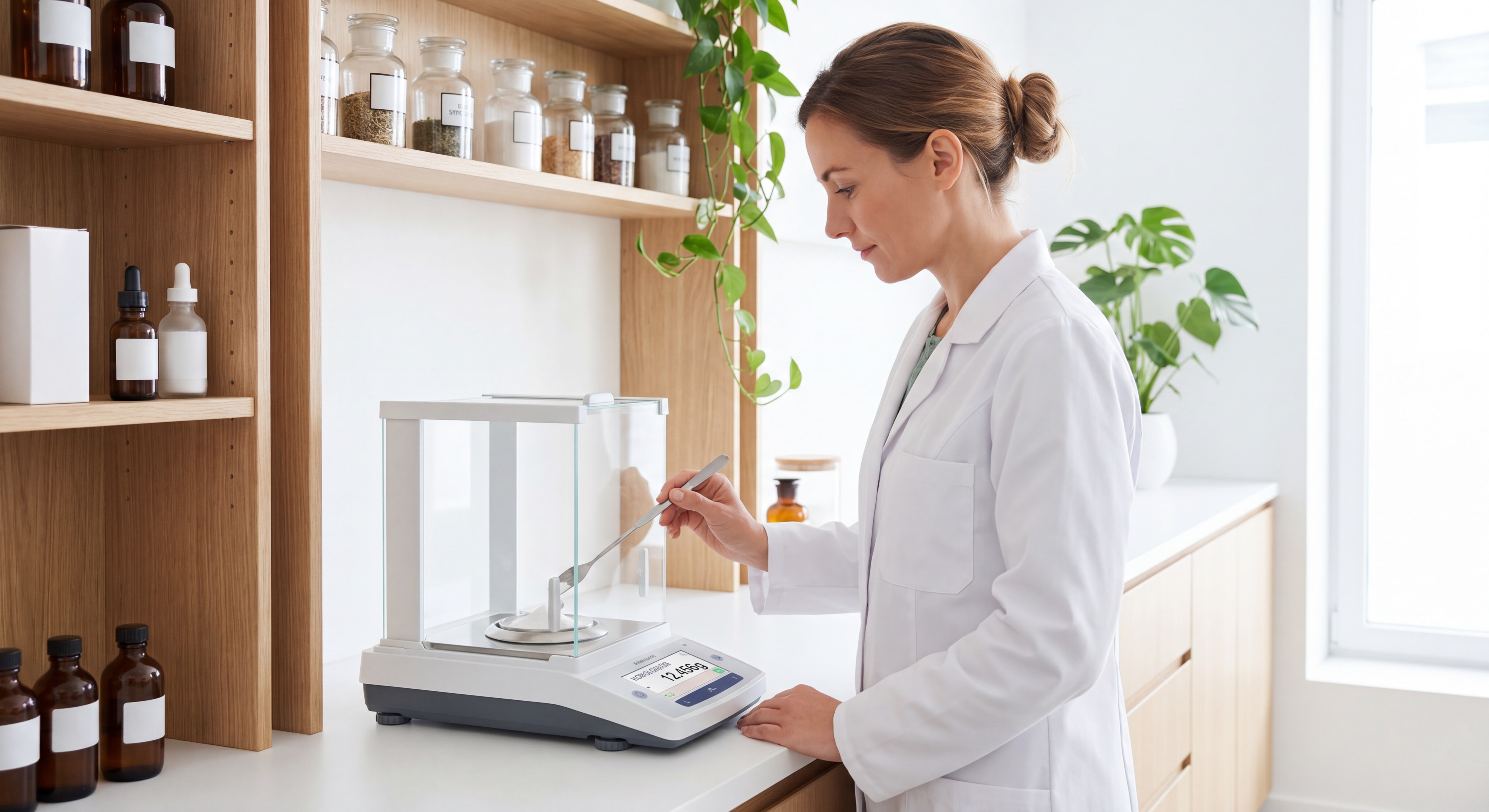 Pharmacien en blouse blanche pesant un principe actif sur une balance de précision homologuée en officine