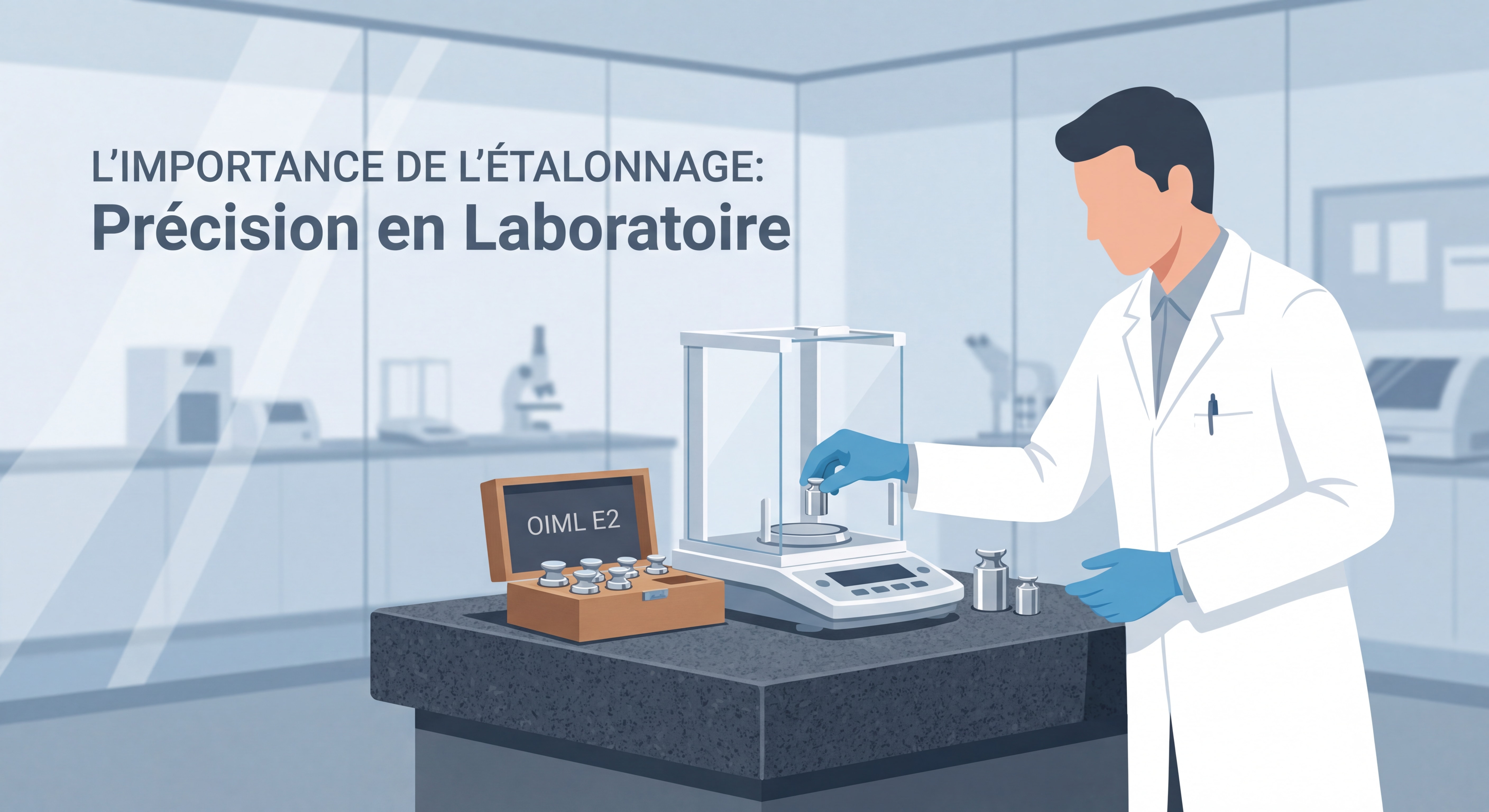 Technicien de laboratoire vérifiant l'étalonnage d'une balance analytique avec des poids certifiés OIML sur table anti-vibrations