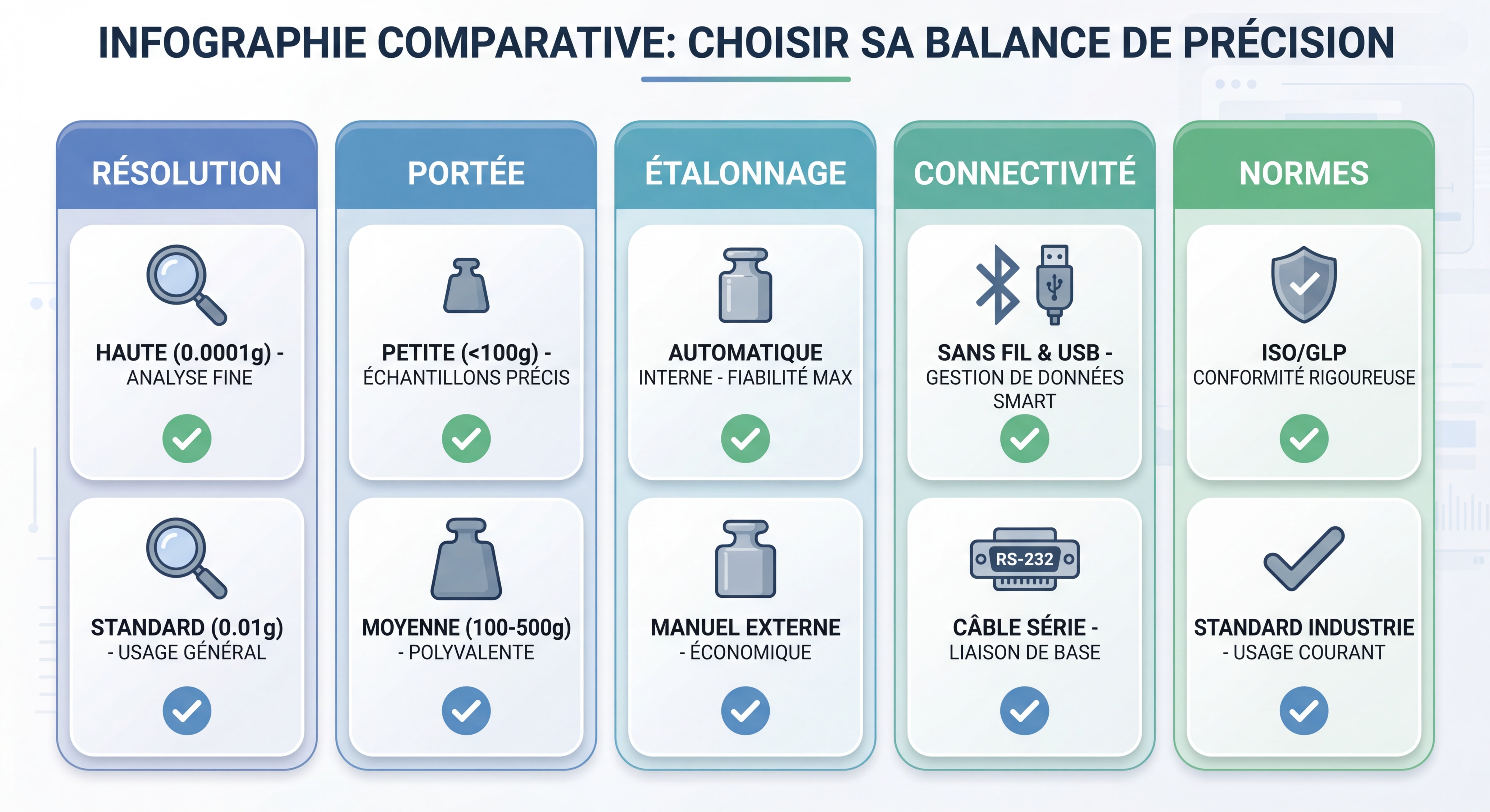 Infographie comparative des critères de choix d'une balance de précision : résolution, portée, étalonnage, connectivité, normes