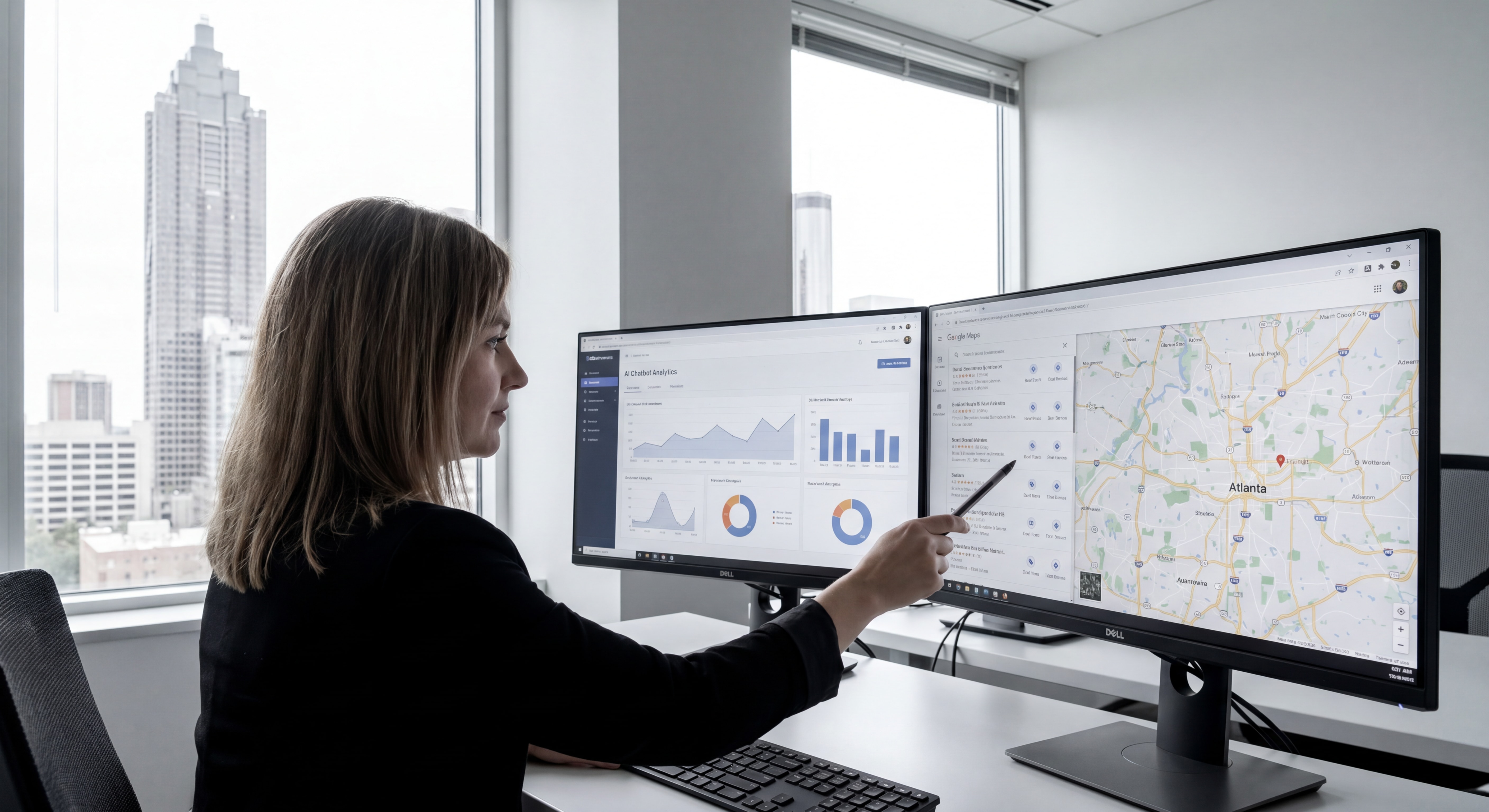 Atlanta small business owner reviewing AI chatbot analytics dashboard alongside Google Maps ranking data on dual monitors