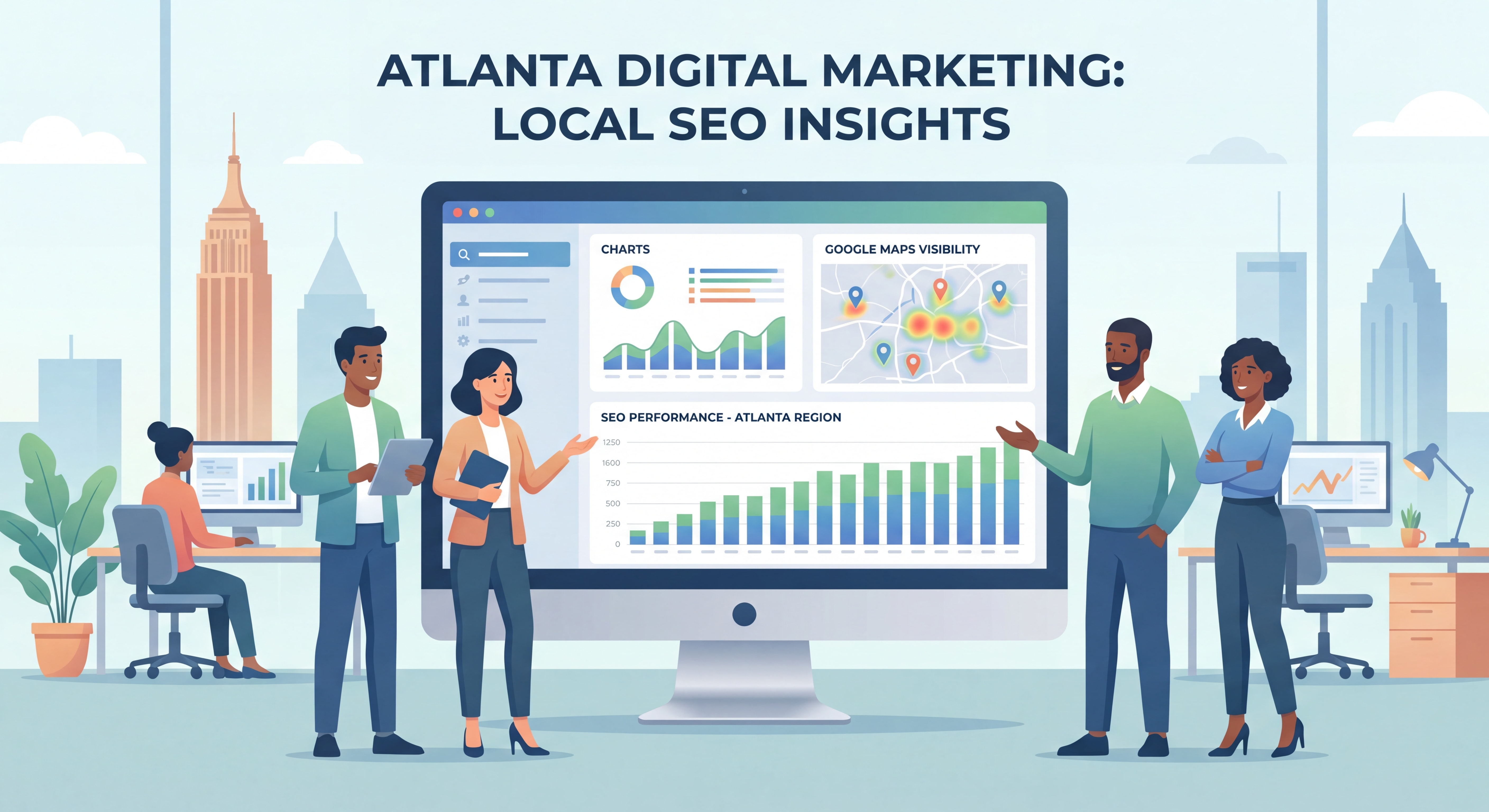 Atlanta digital marketing agency team reviewing SEO analytics dashboard with Google Maps visibility data