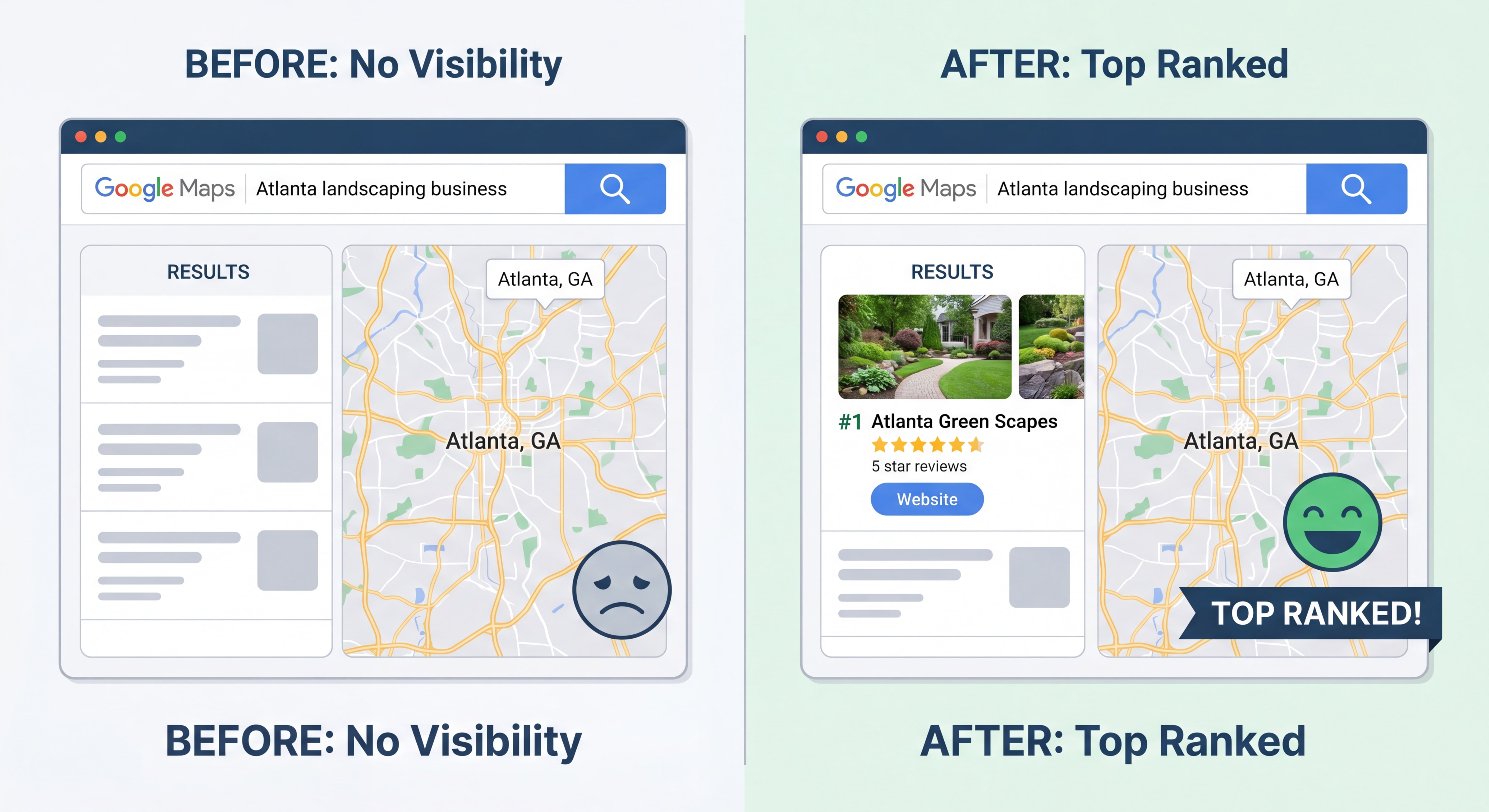 Before and after Google Maps local pack ranking comparison for an Atlanta landscaping business
