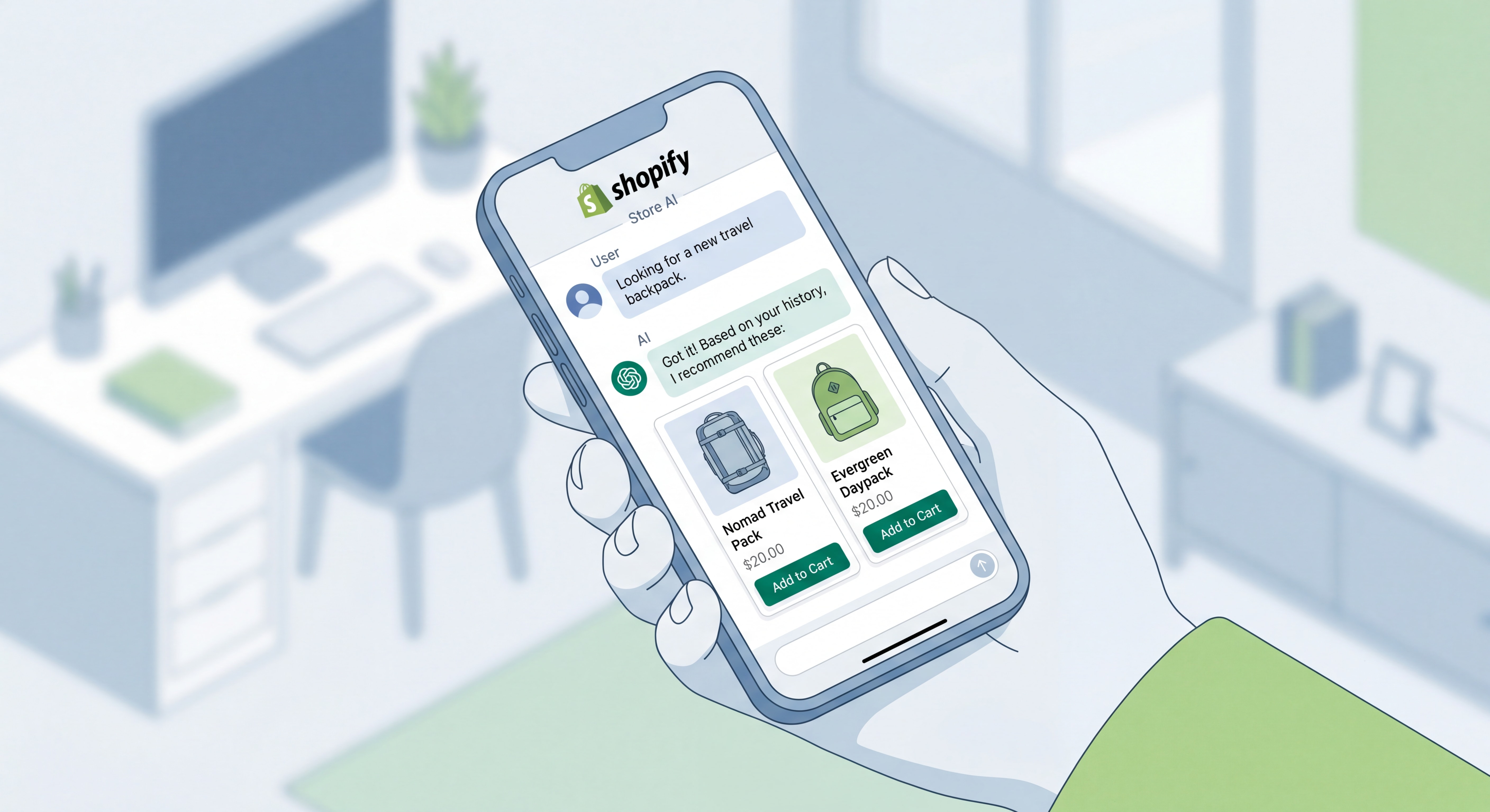 Shopify store AI chatbot interface showing product recommendation conversation on a mobile device