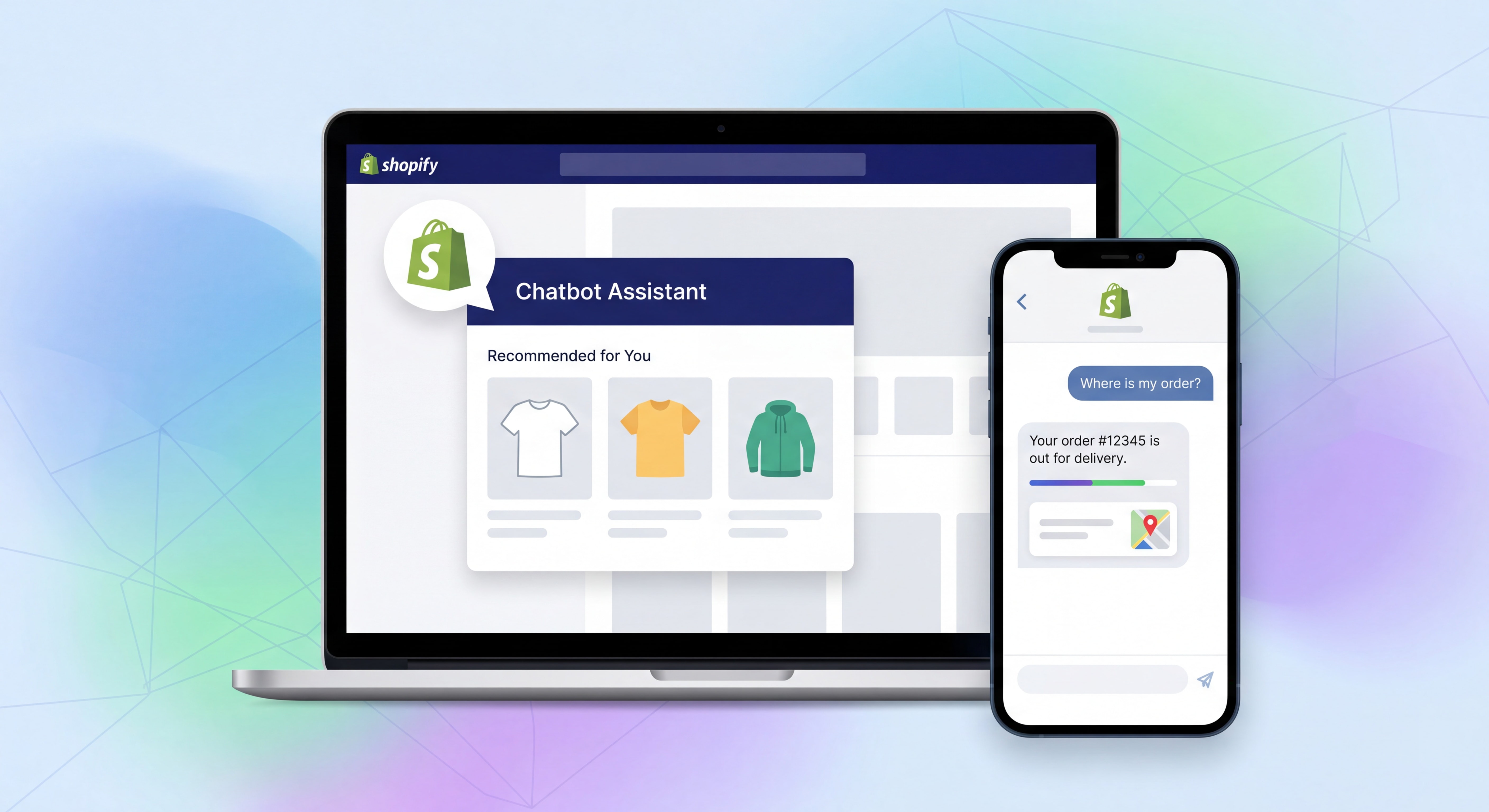 Shopify store chatbot interface showing product recommendations and order tracking — Shopify and chatbots website integration
