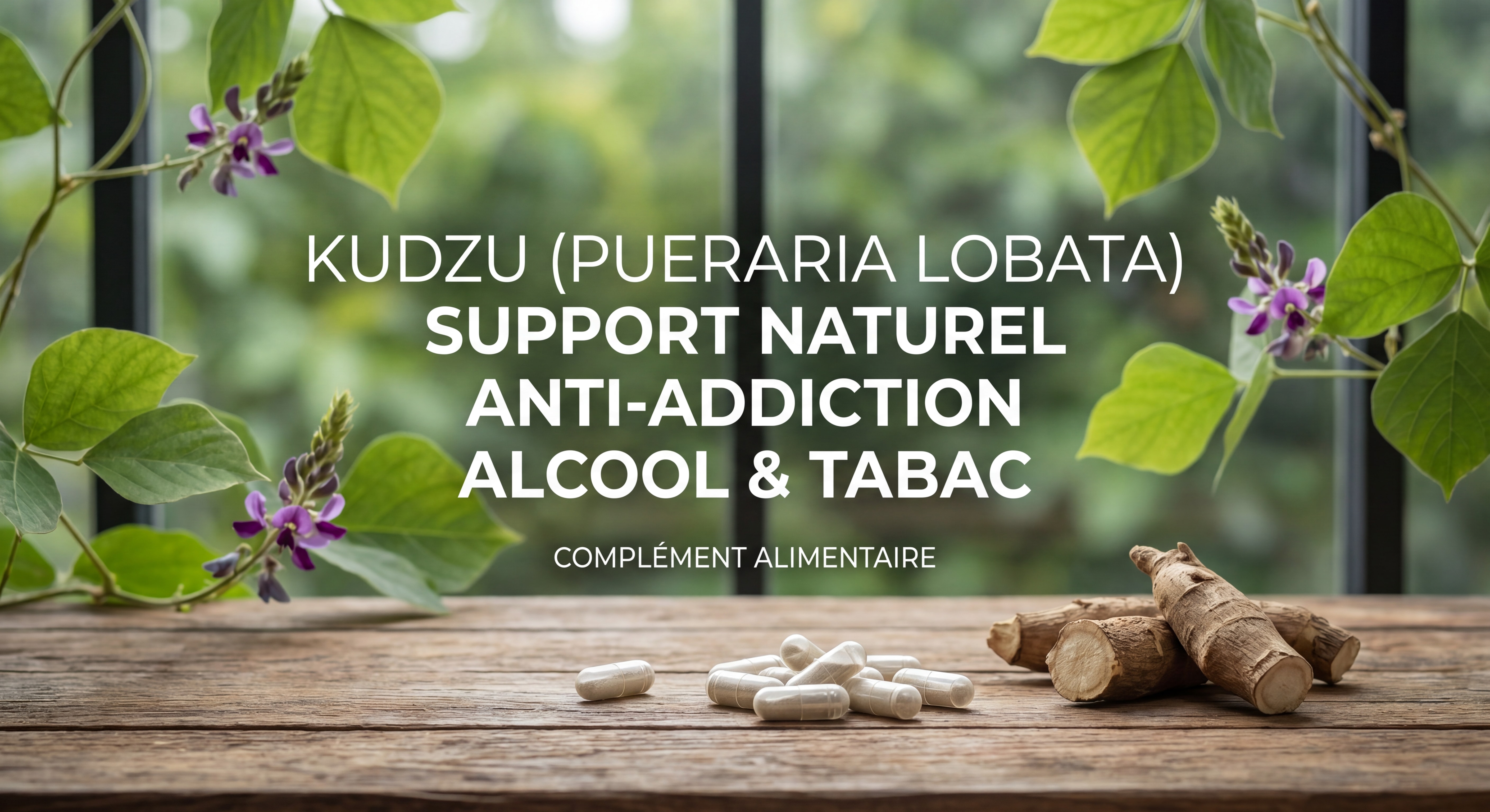 Gélules de kudzu Pueraria lobata complément alimentaire anti-addiction alcool tabac sur fond naturel