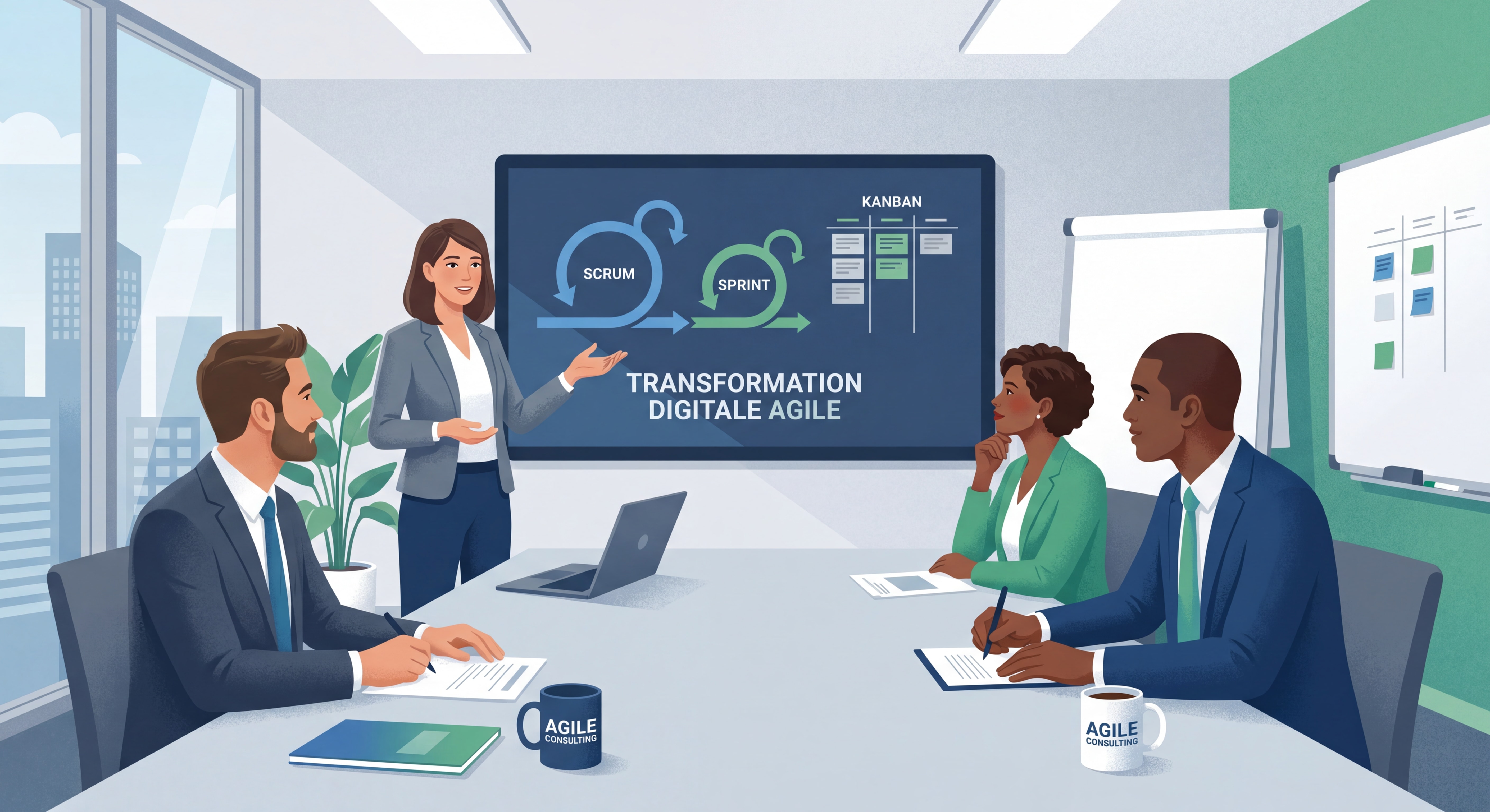 Product Owner vs Product Manager : Différences & Rôles Clés en 2026 5 Consultant IT en réunion avec des dirigeants d'entreprise pour accompagner une transformation digitale Agile