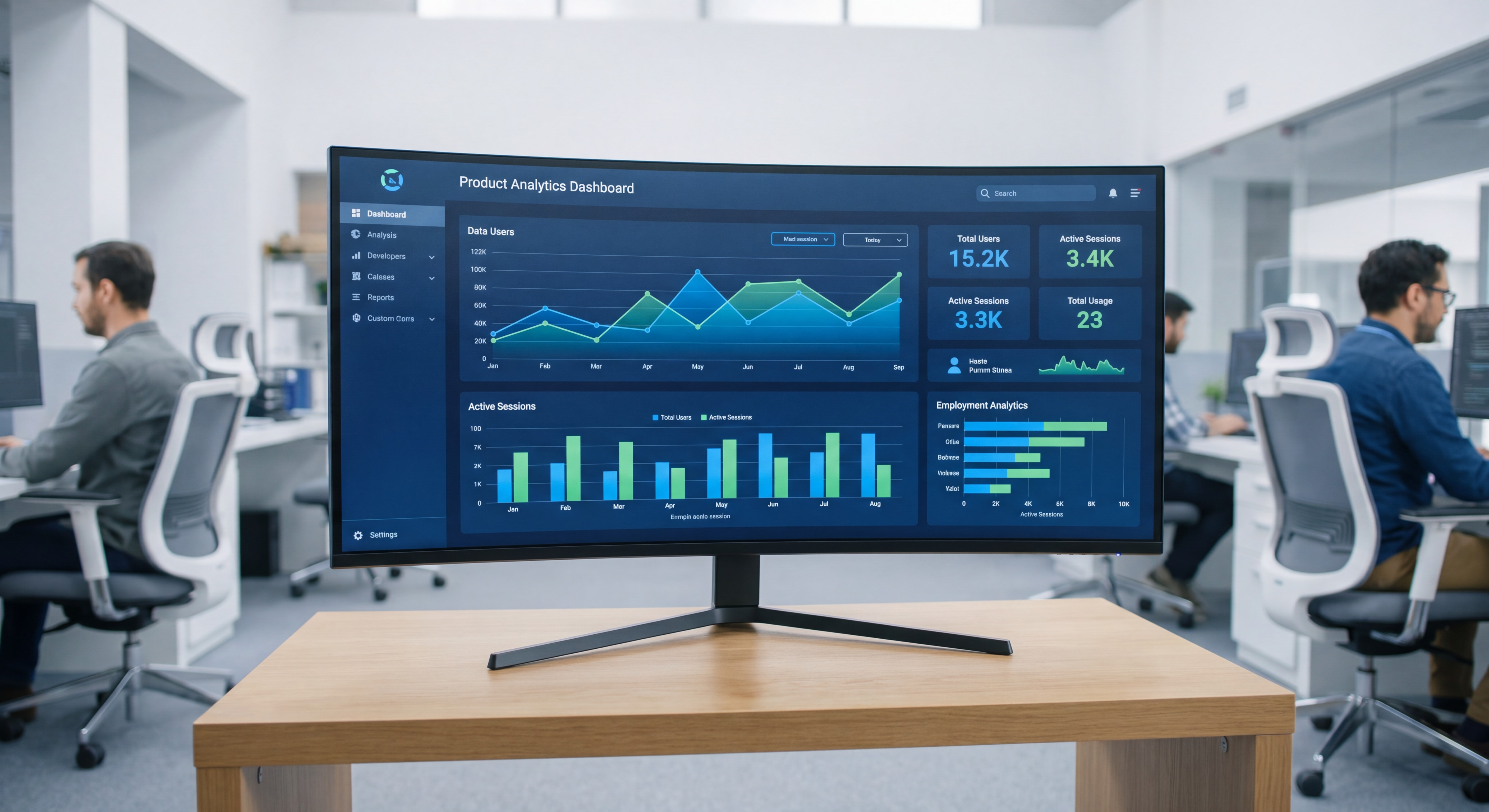 Product Owner vs Product Manager : Différences & Rôles Clés en 2026 4 Dashboard de données analytiques produit affiché sur un écran en environnement de travail IT moderne