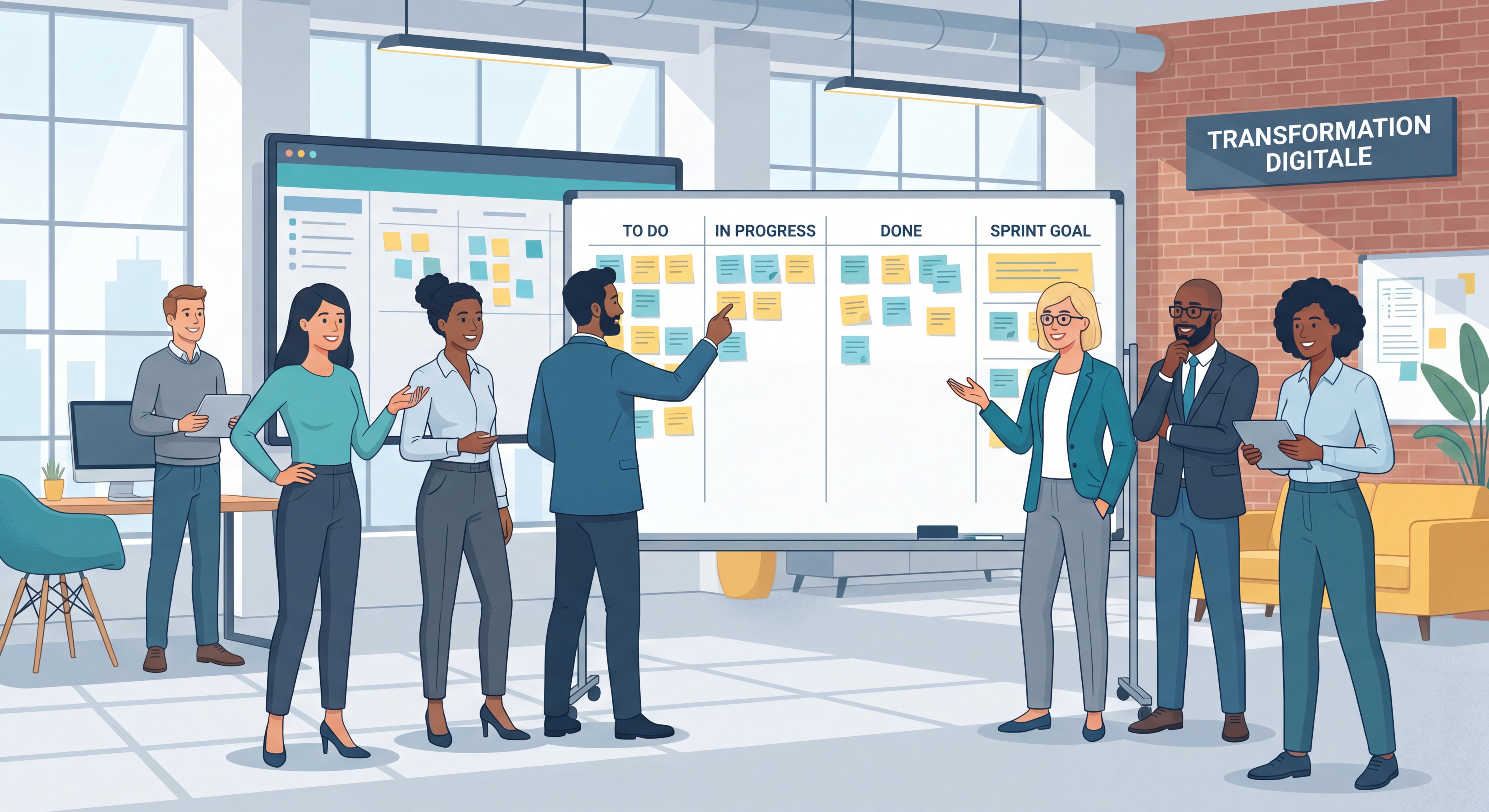 Product Owner vs Product Manager : Différences & Rôles Clés en 2026 2 Équipe IT Agile autour d'un tableau kanban lors d'une session de sprint planning en entreprise en transformation digitale