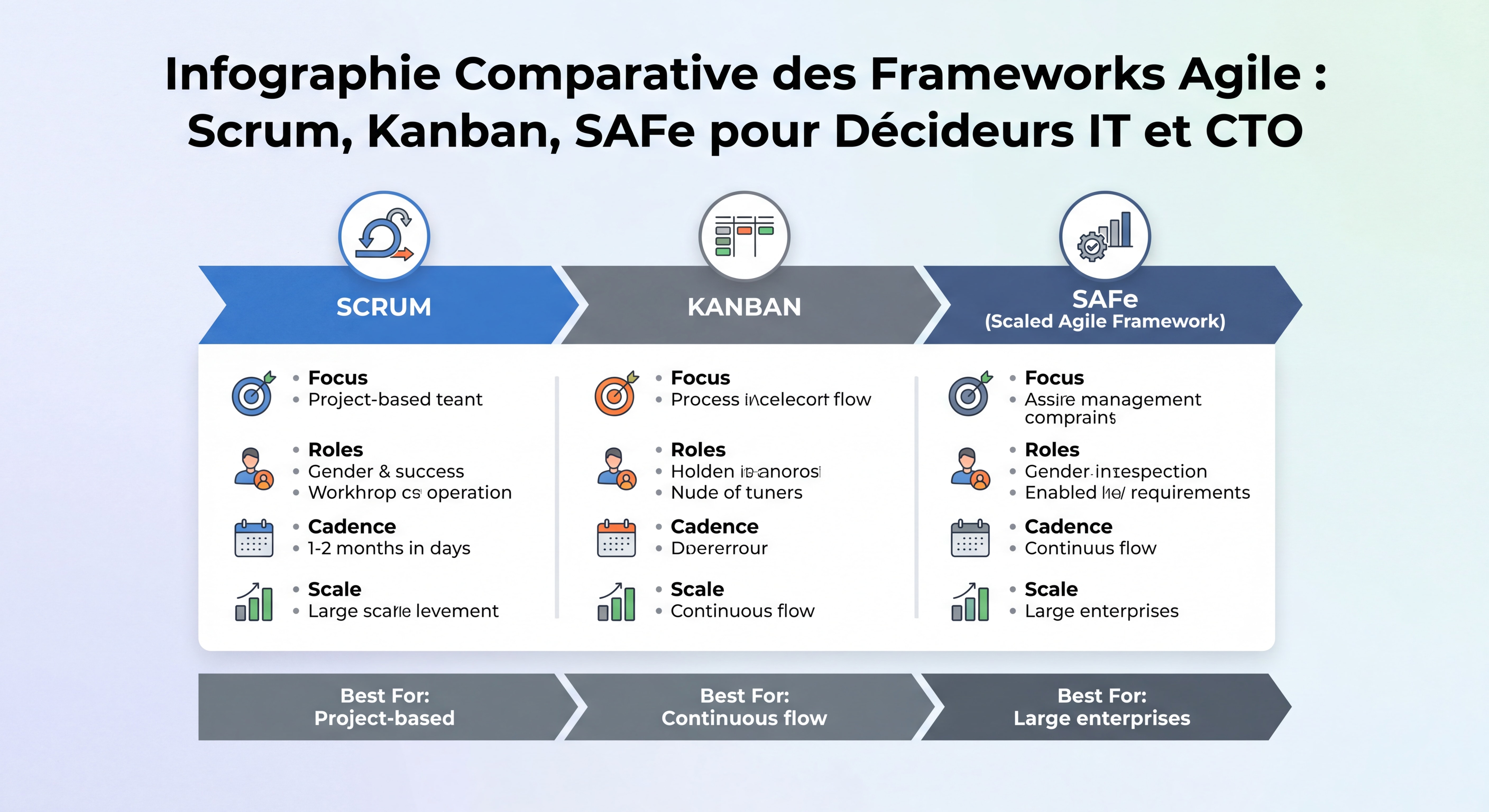 Scrum, Kanban ou SAFe : quelle méthode Agile choisir en 2026 ? 4 Infographie comparative des frameworks Agile Scrum Kanban SAFe pour décideurs IT et CTO