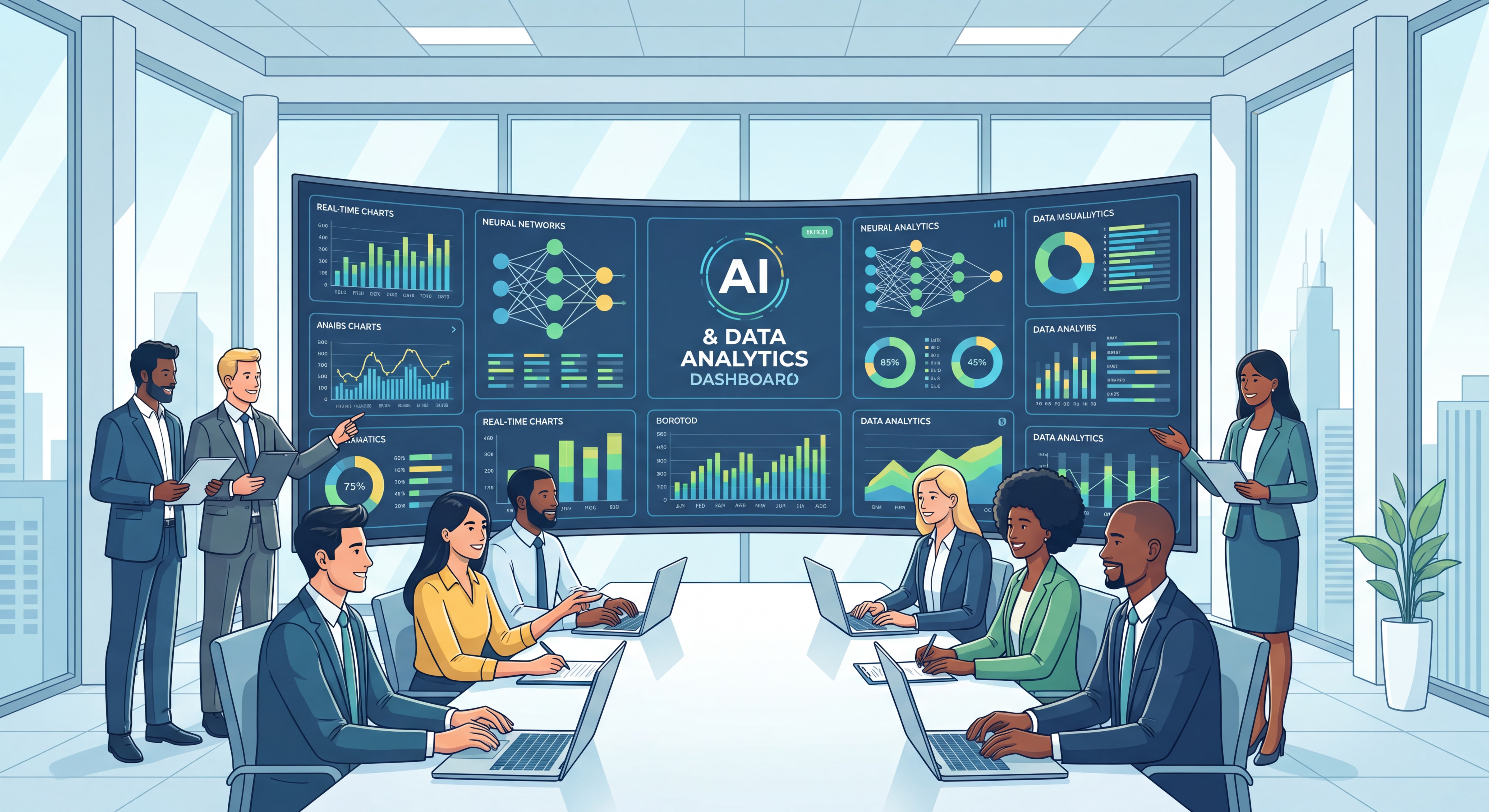 Comment l'IA transforme les entreprises en 2026 | Guide 2 Équipe de direction en réunion autour d'un tableau de bord IA et data analytics en entreprise