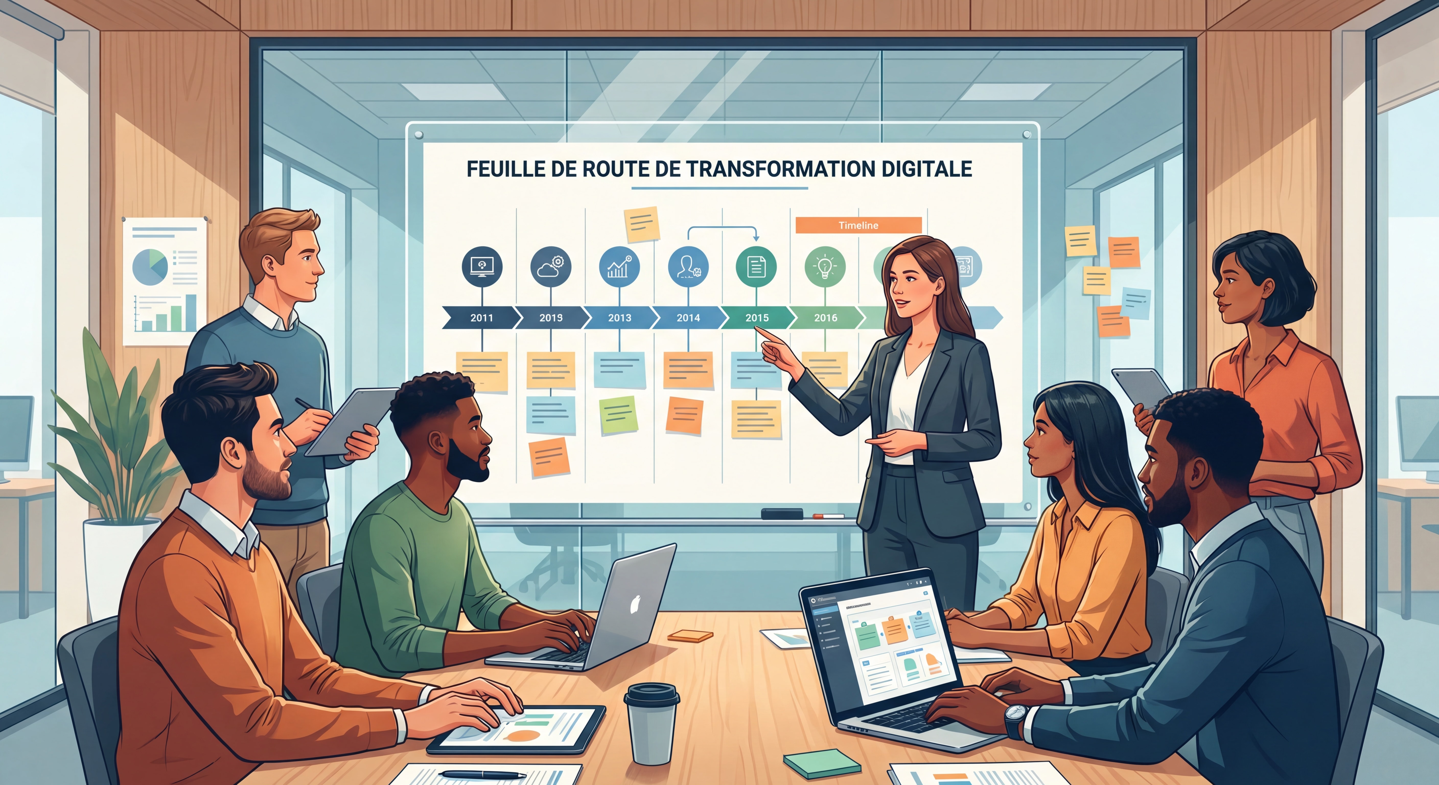 Comment l'IA transforme les entreprises en 2026 | Guide 4 Consultant IT en session de travail avec une équipe produit autour d'une feuille de route de transformation digitale