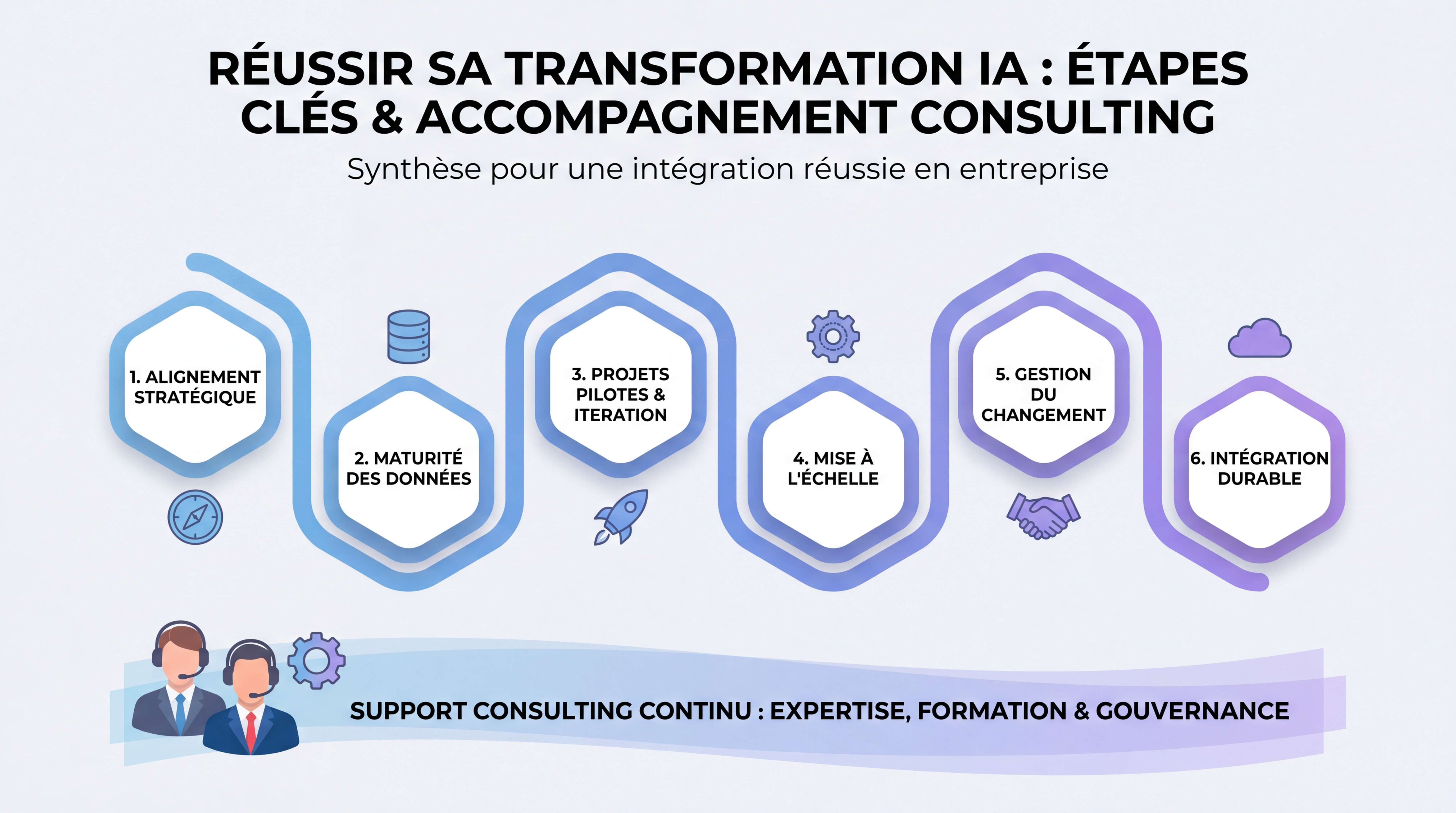 Comment l'IA transforme les entreprises en 2026 | Guide 5 Infographie synthétisant les étapes clés d'une transformation IA réussie en entreprise avec accompagnement consulting