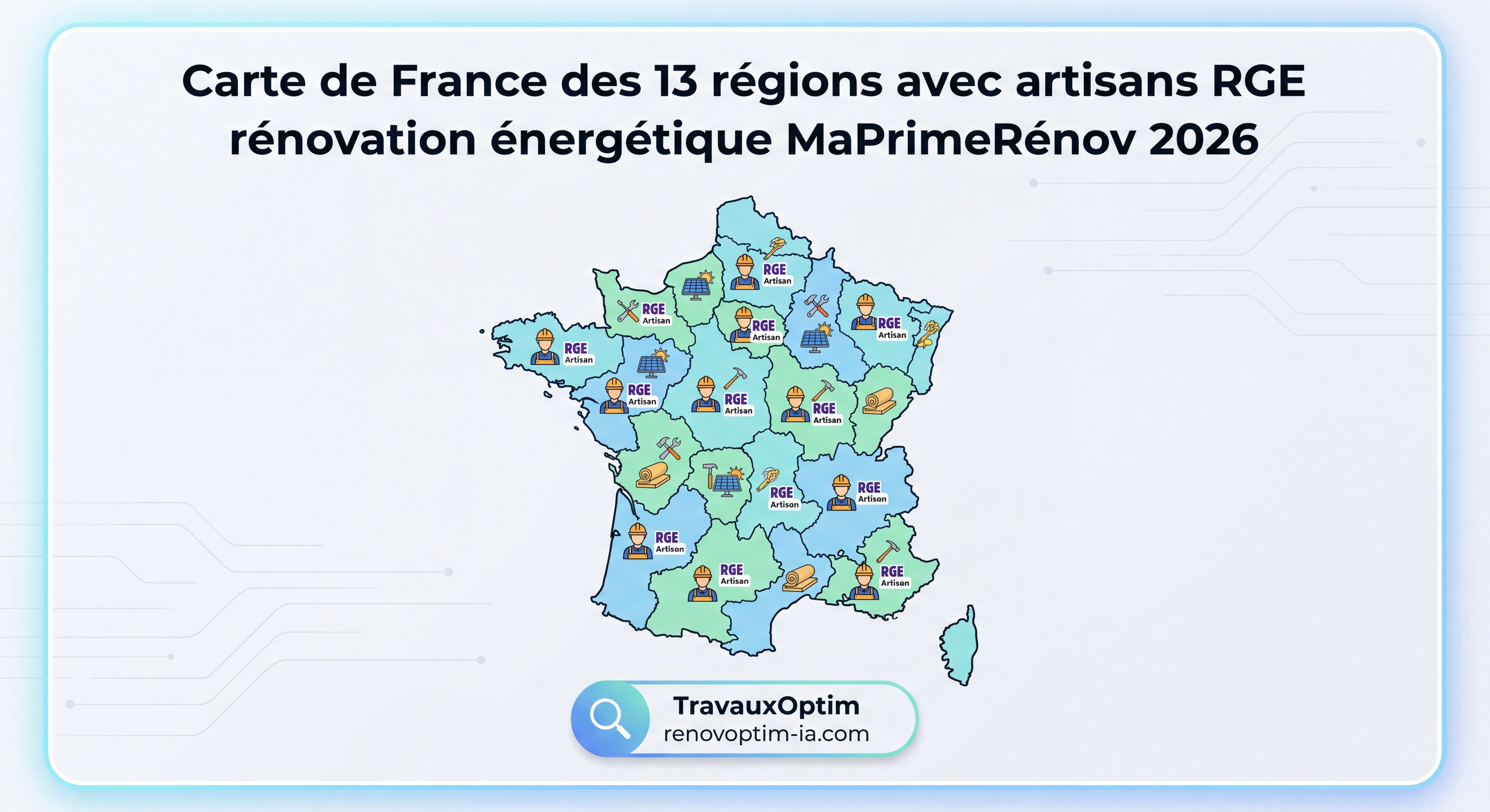 Carte de France des 13 régions avec artisans RGE rénovation énergétique MaPrimeRénov 2026 - TravauxOptim renovoptim-ia.com