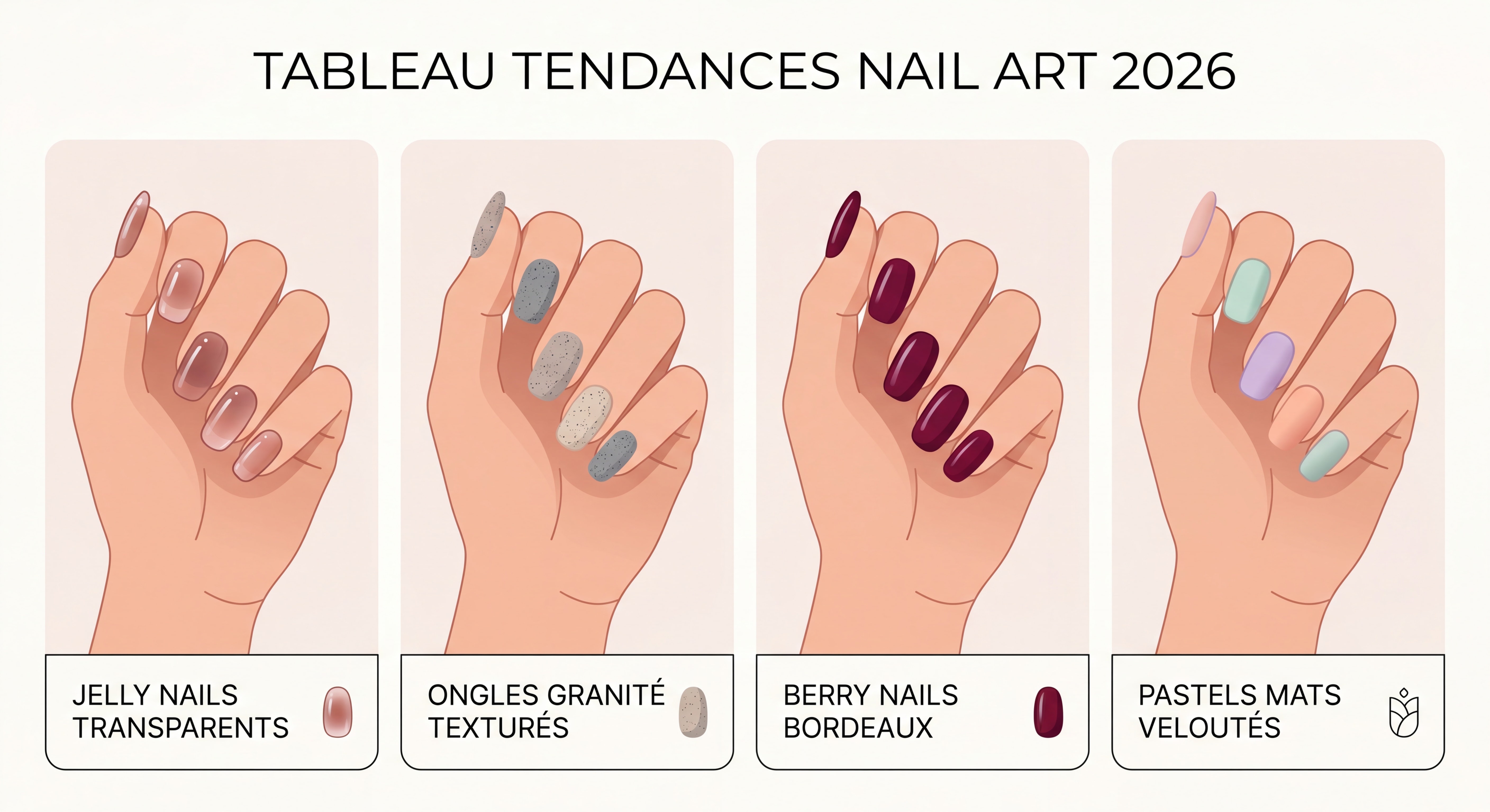Tableau tendances nail art 2026 – Jelly nails transparents, ongles granité texturés, berry nails bordeaux et pastels mats veloutés côte à côte