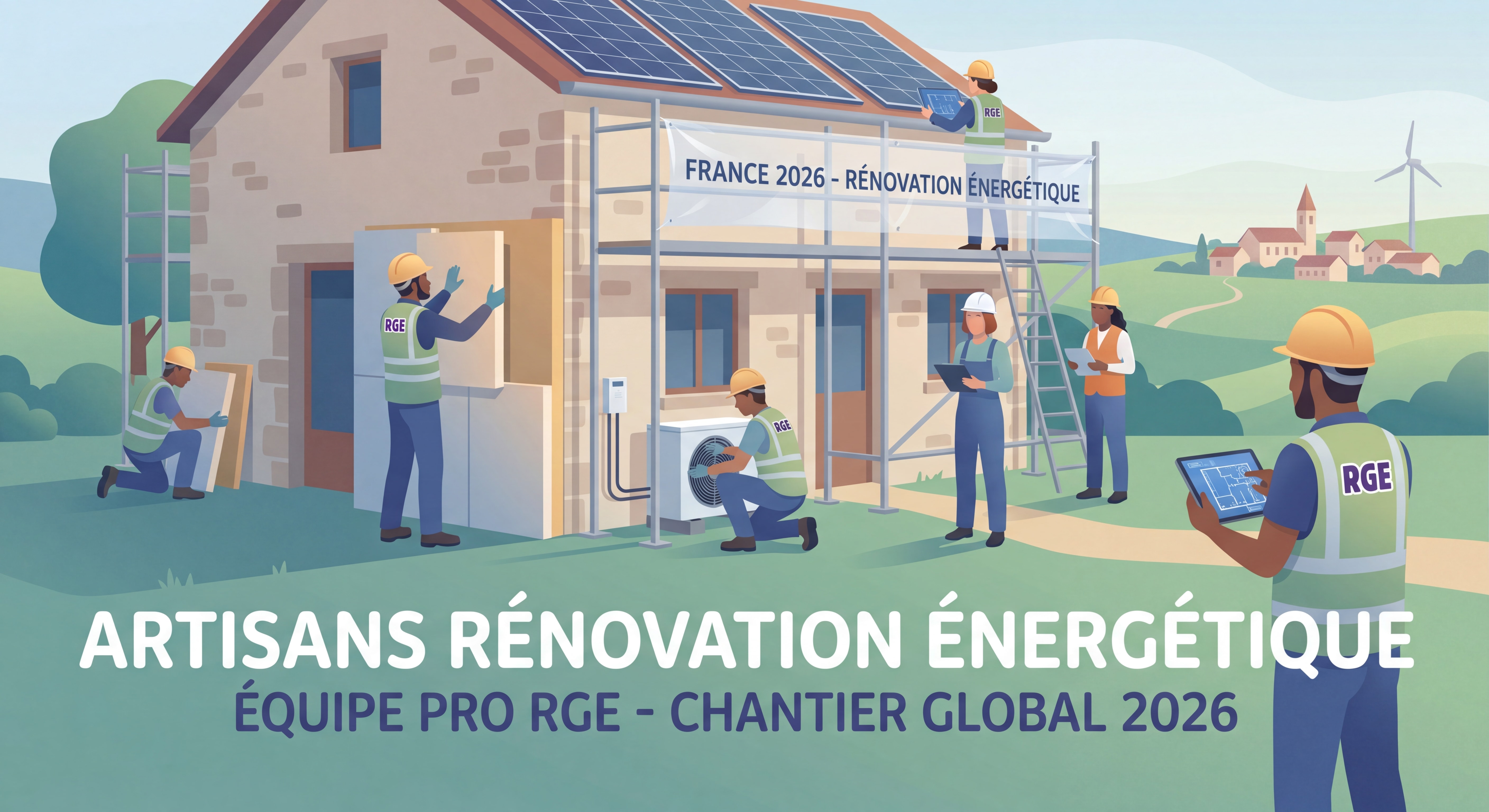 Artisans rénovation énergétique France 2026 - équipe de professionnels RGE sur un chantier de rénovation globale
