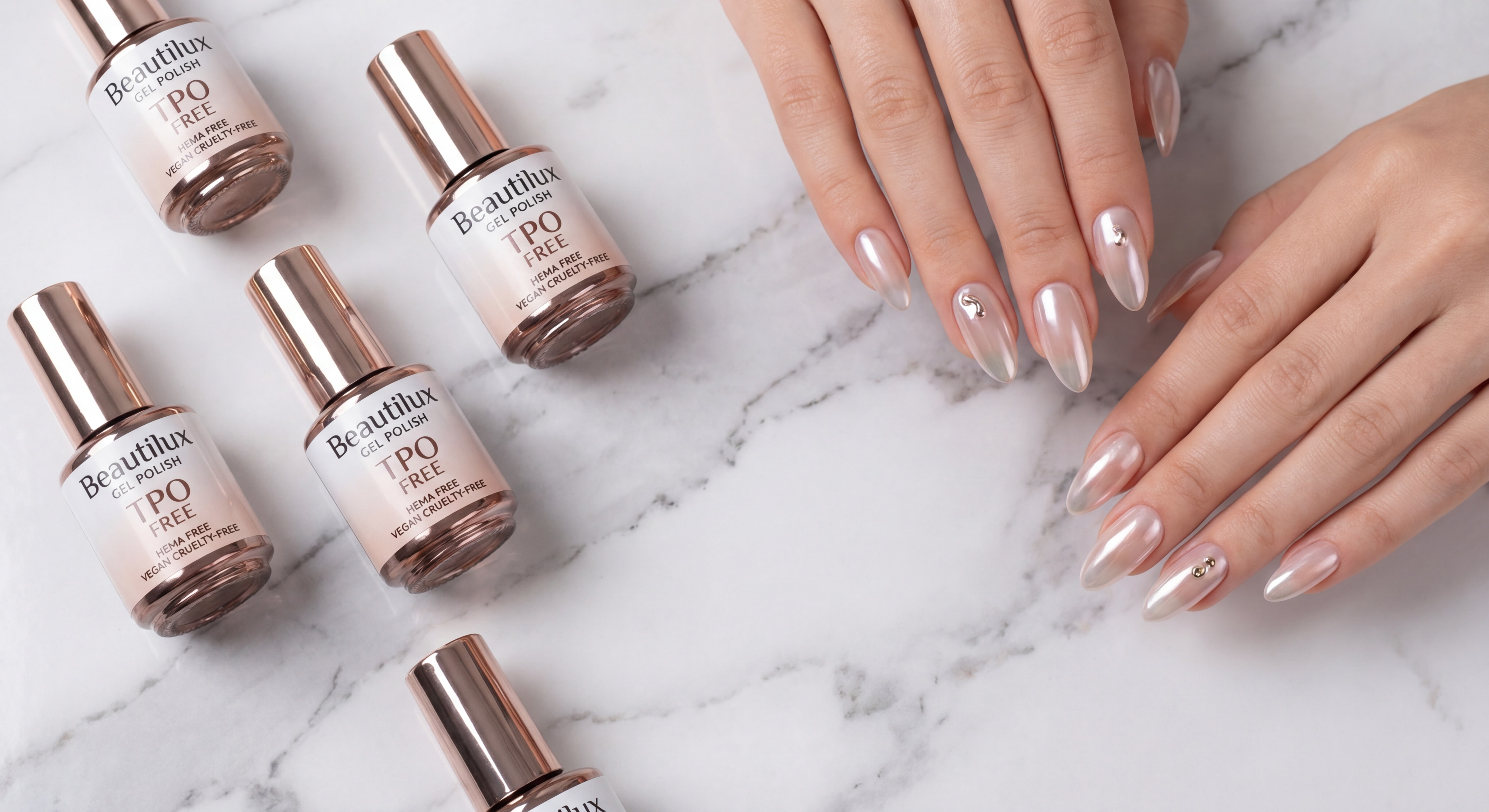 Produits Beautilux nail art – flacons de gel polish TPO FREE et HEMA FREE vegan cruelty-free disposés sur une surface marbre avec des ongles manucurés aux tendances 2026