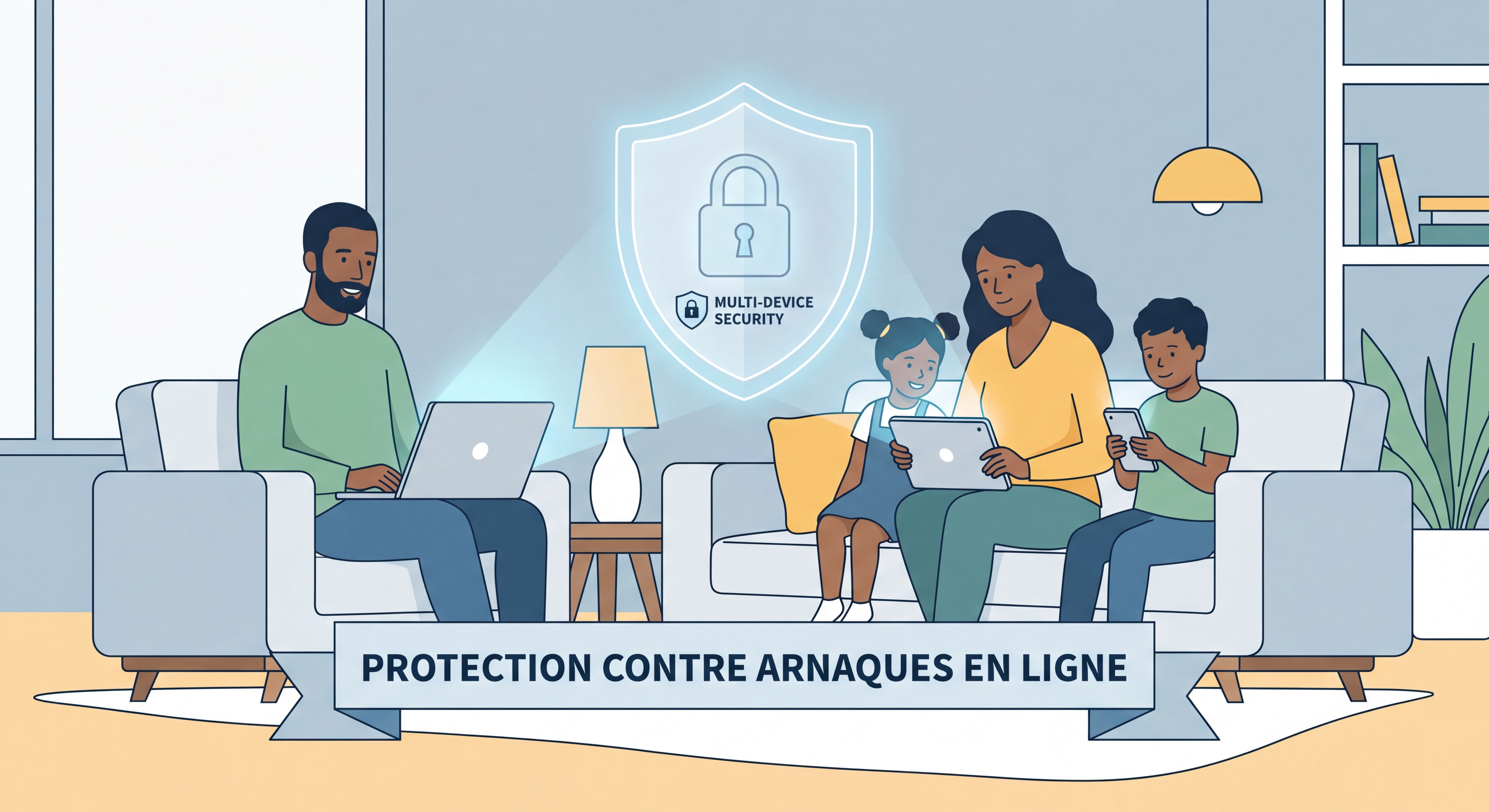 Famille utilisant ordinateur, tablette et smartphone à la maison, protégés par un antivirus multi-appareils contre les arnaques en ligne
