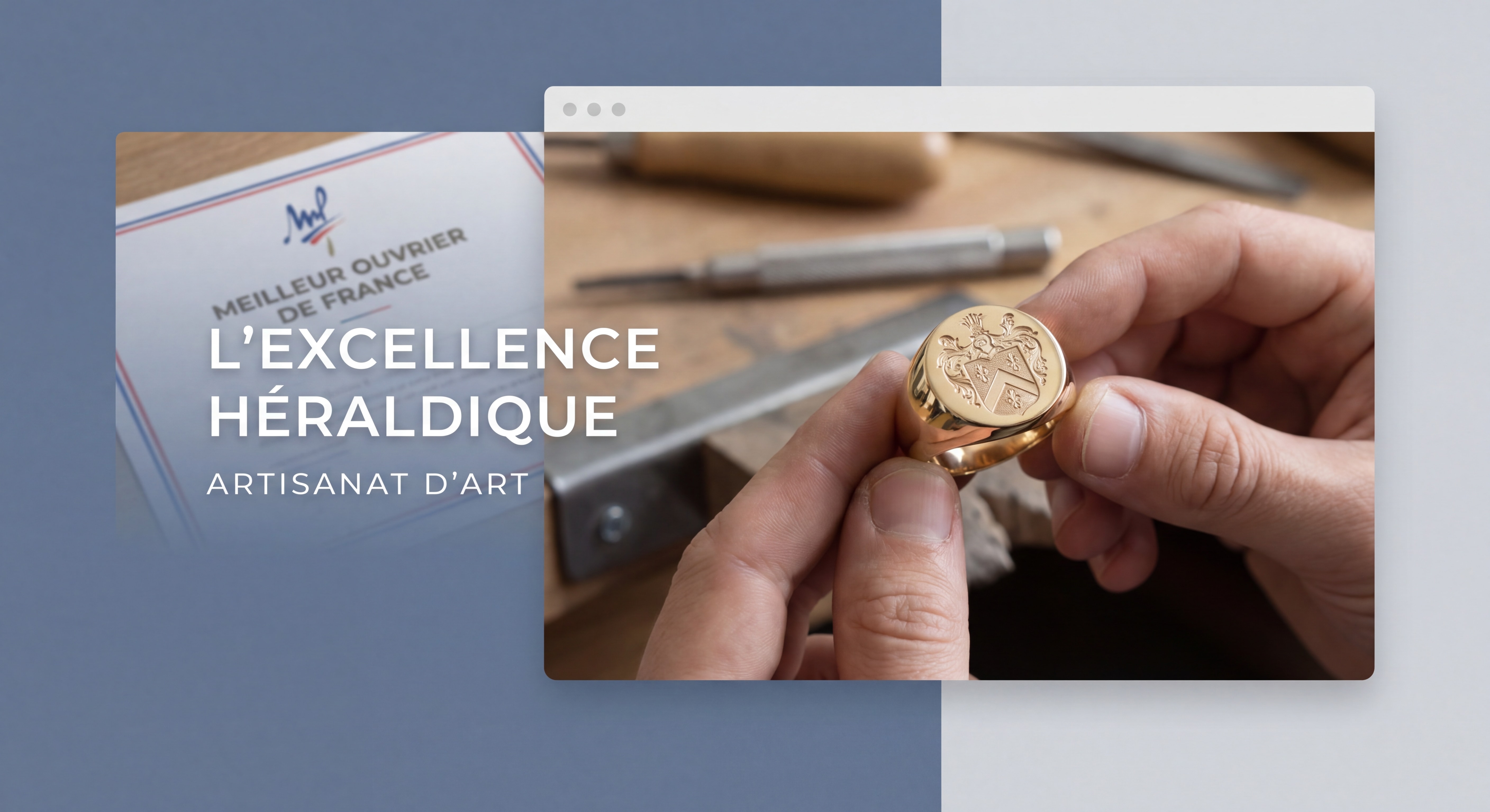 Chevalière héraldique en or gravée à la main par un Meilleur Ouvrier de France avec armoiries familiales