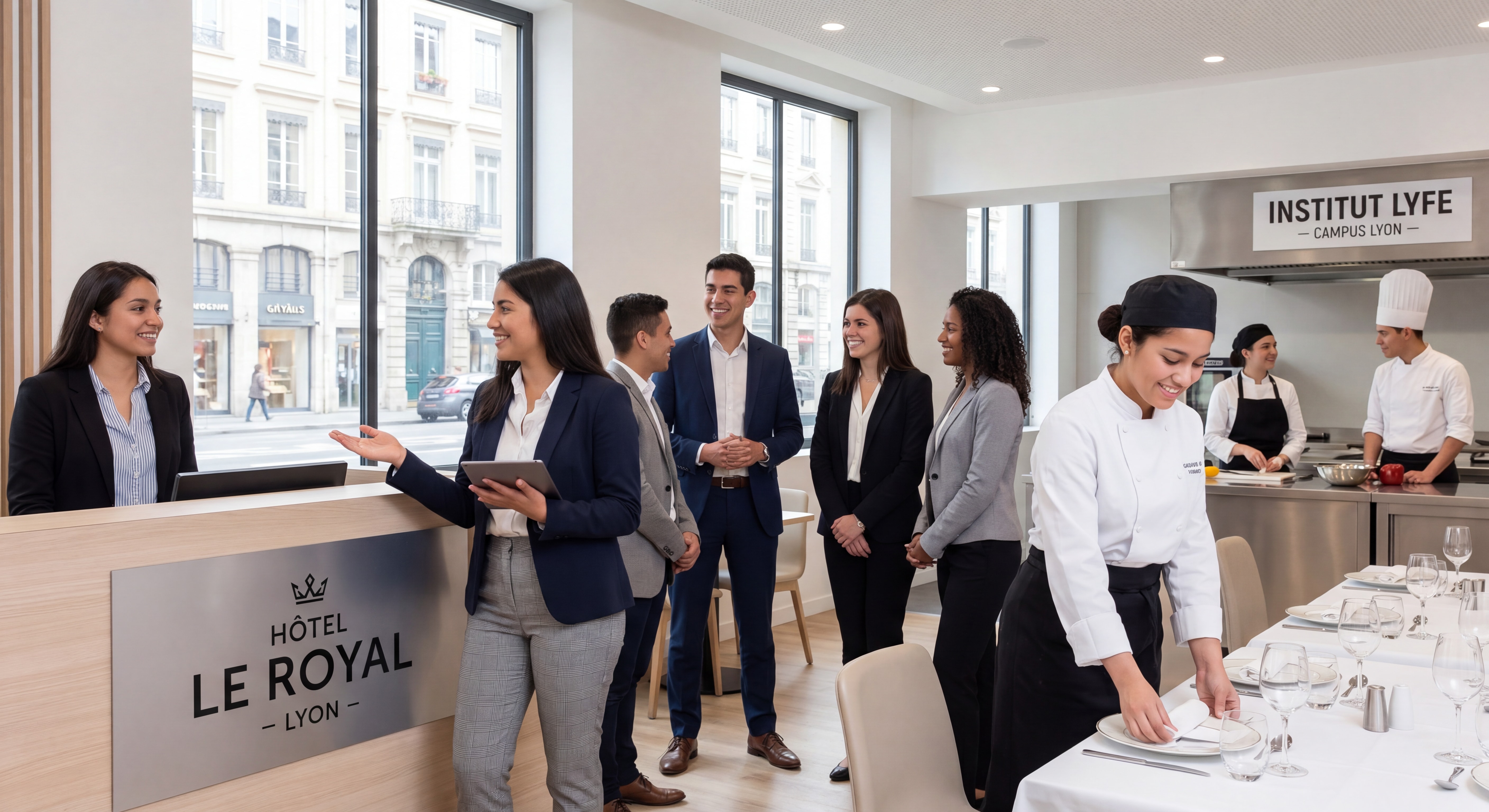 Estudiantes latinoamericanos en el campus del Institut Lyfe en Lyon, Francia, practicando gestión hotelera en el hotel de 5 estrellas Le Royal