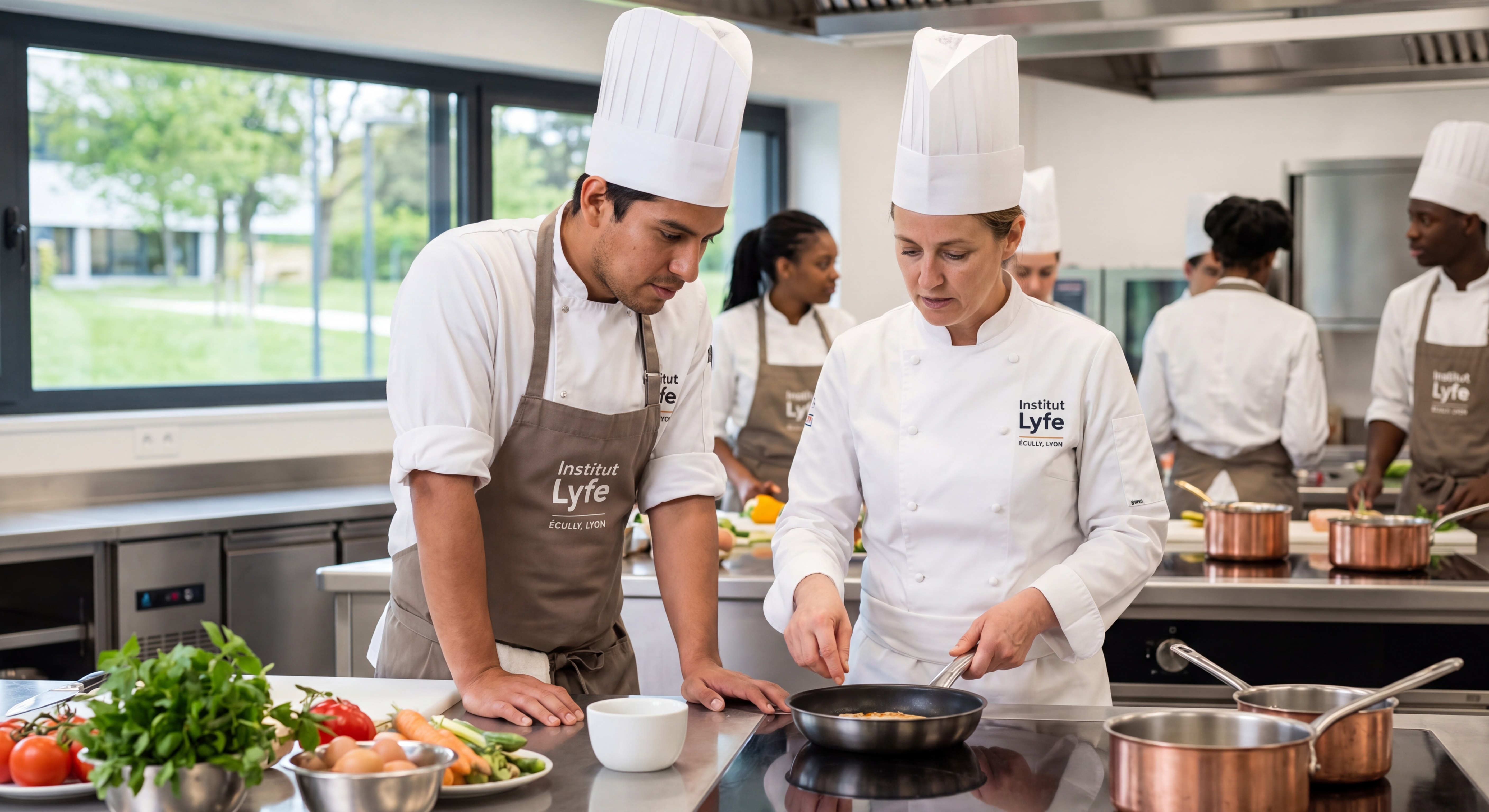 Estudiante latinoamericano en cocina profesional del Institut Lyfe, campus de Écully Lyon, aprendiendo técnicas culinarias francesas con chef instructor