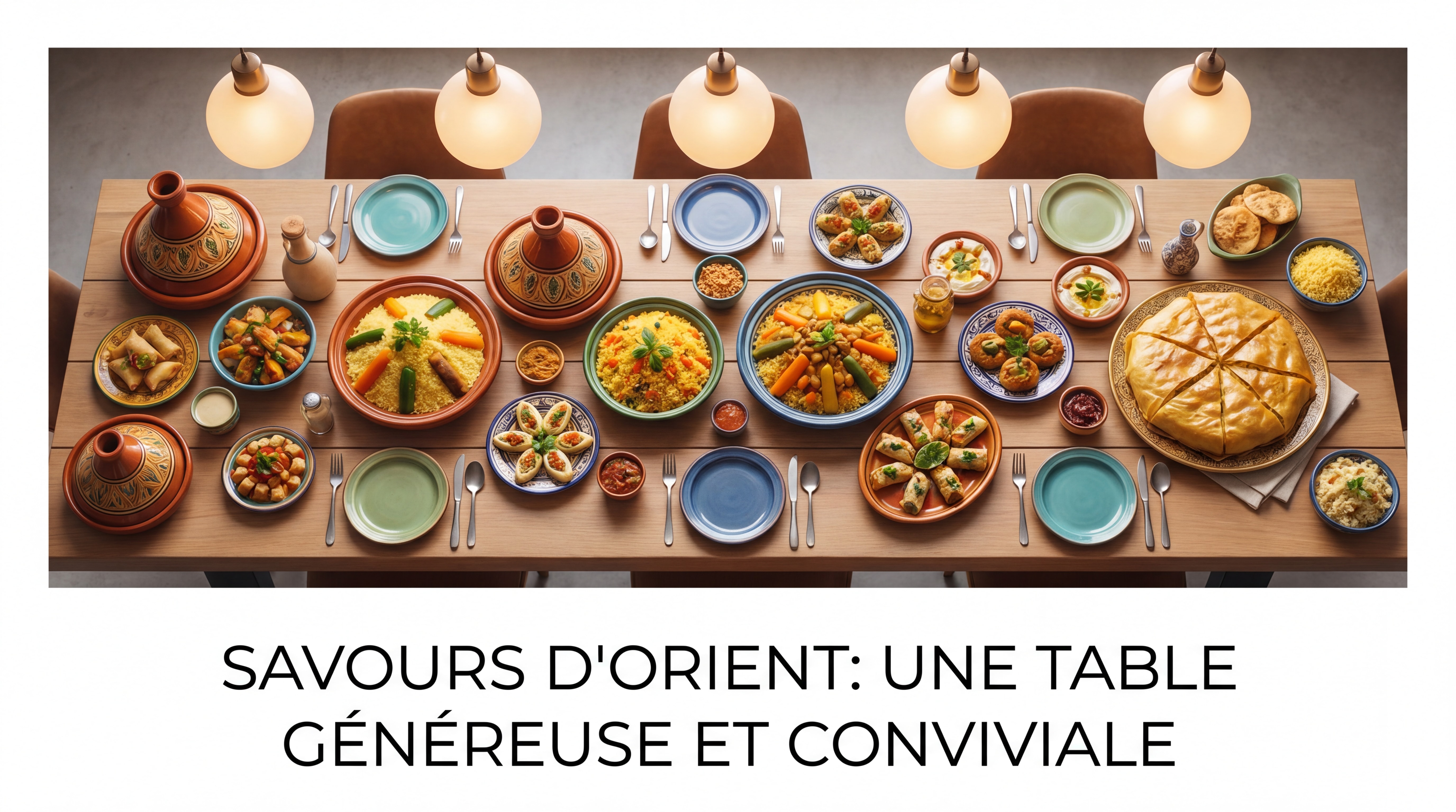 Table généreuse garnie de plats orientaux colorés — couscous, tajine, mezze, pastilla — dans une ambiance chaleureuse et conviviale