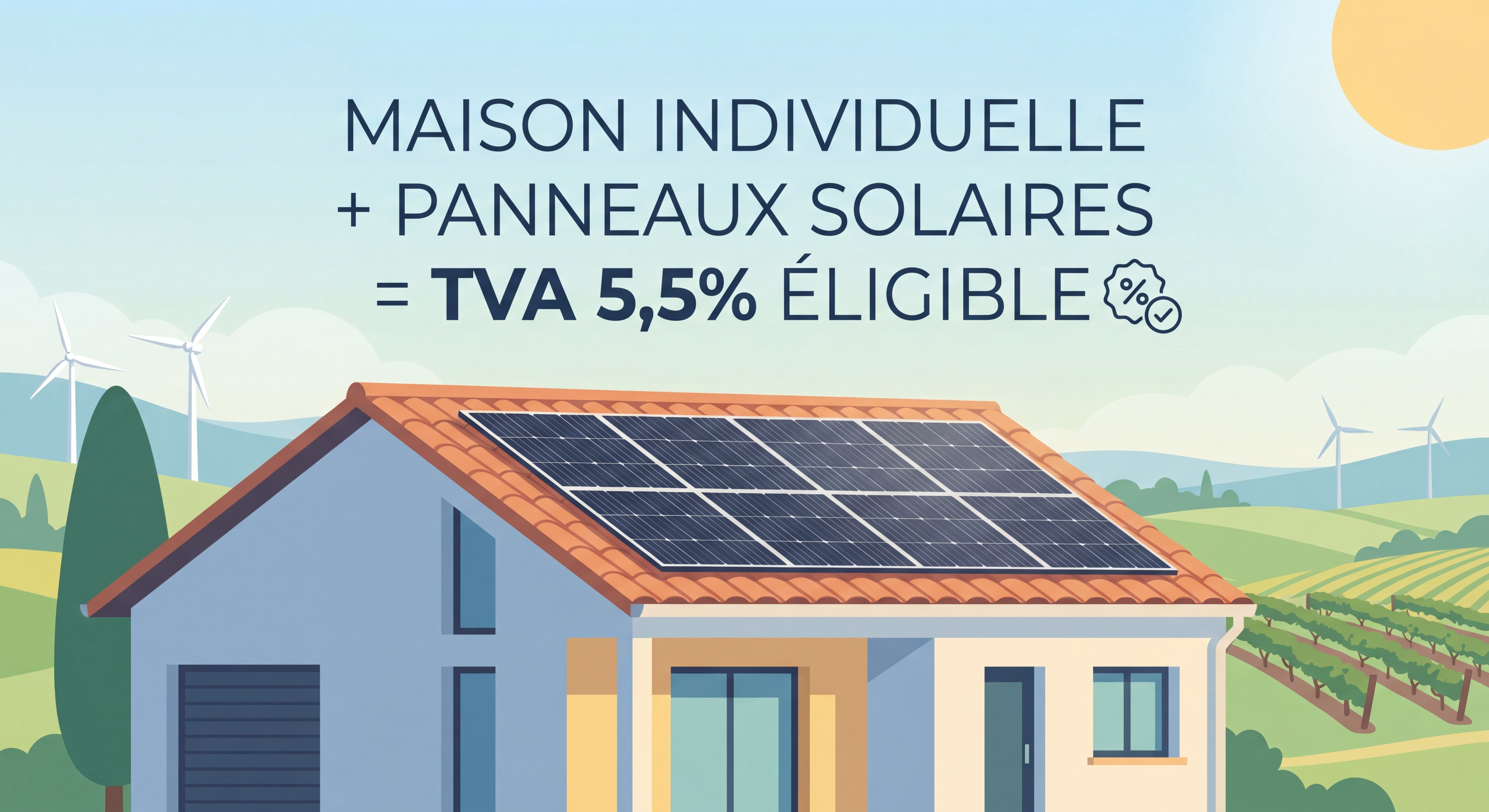 Maison individuelle équipée de panneaux solaires photovoltaïques éligibles à la TVA 5,5% sur toiture en France