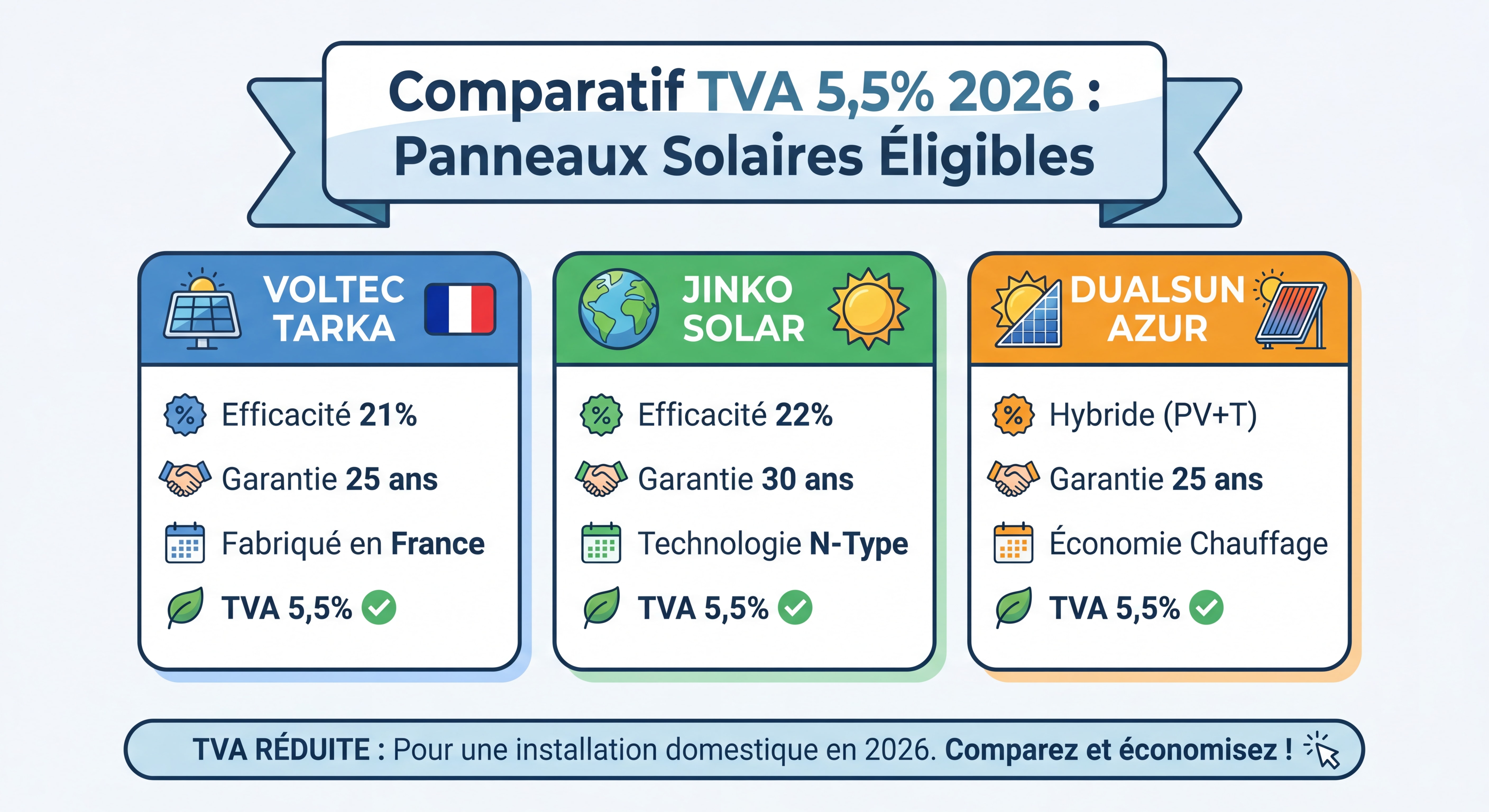 Comparatif des panneaux solaires éligibles à la TVA 5,5% en 2026 - Voltec Tarka, Jinko Solar et DualSun AZUR
