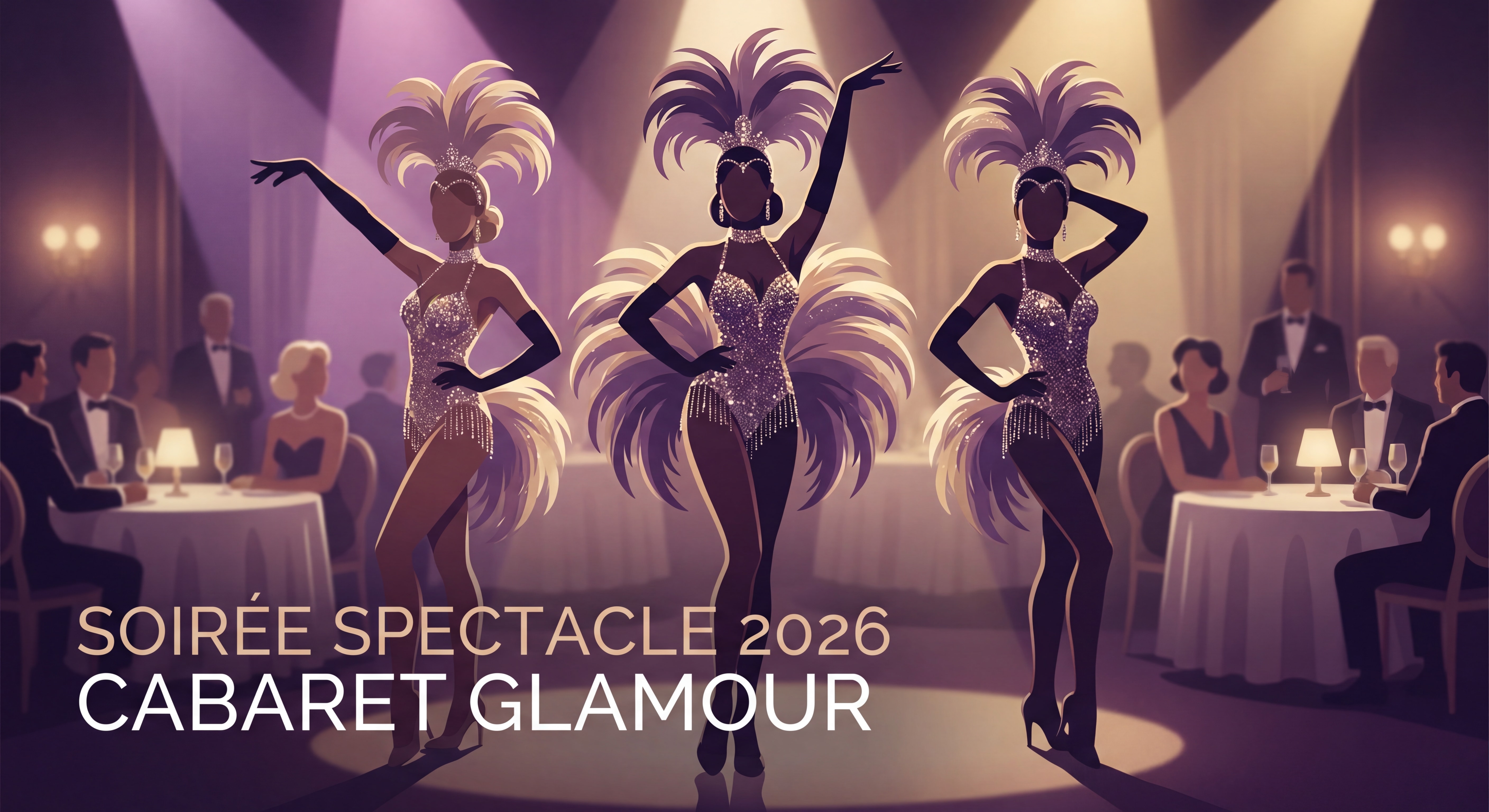 Soirée spectacle 2026 avec danseuses de cabaret en costumes glamour sur scène lors d'un événement haut de gamme