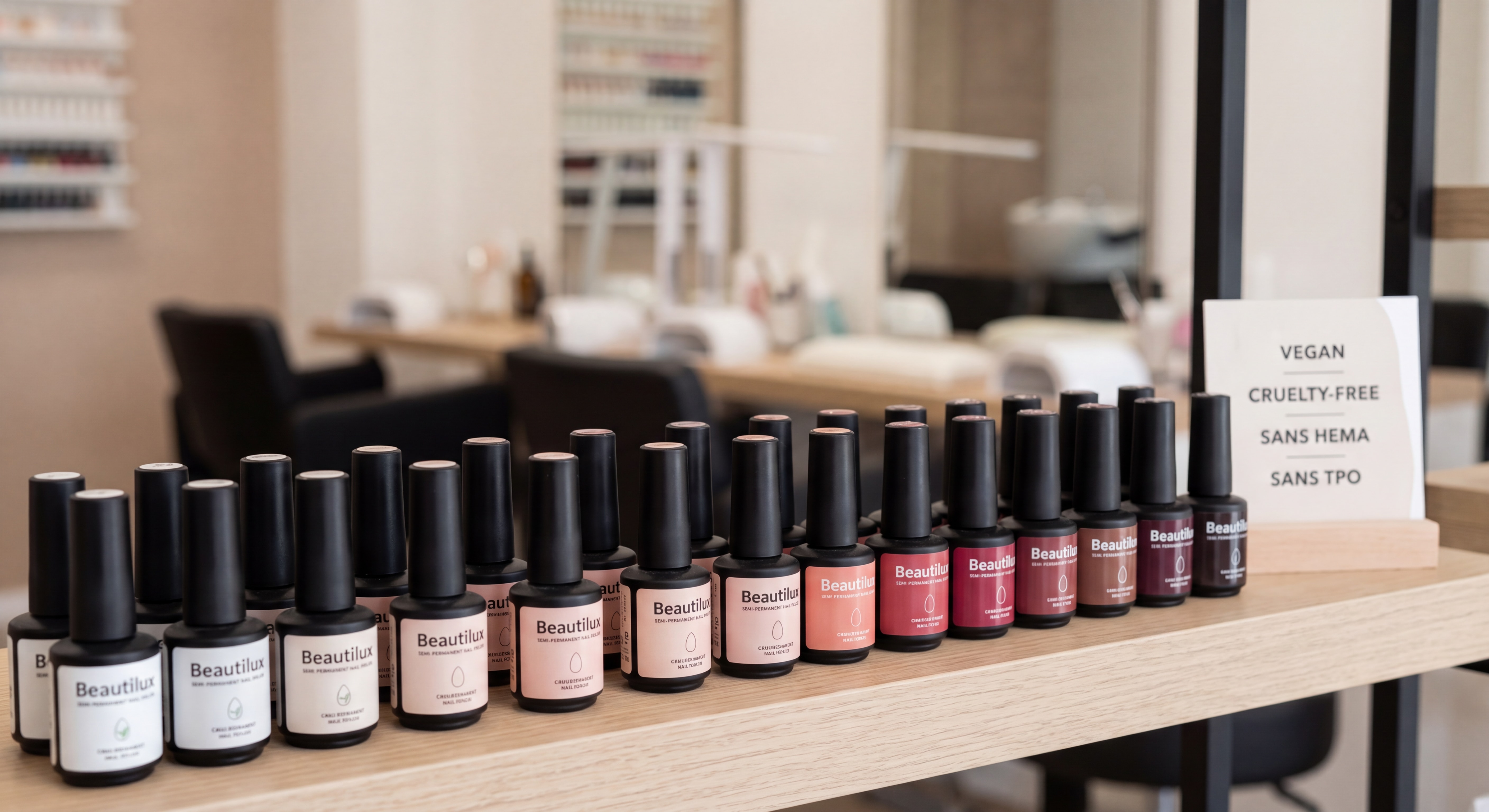 Gamme de produits Beautilux nail art - vernis semi-permanent vegan cruelty-free sans HEMA sans TPO, présentation professionnelle en salon