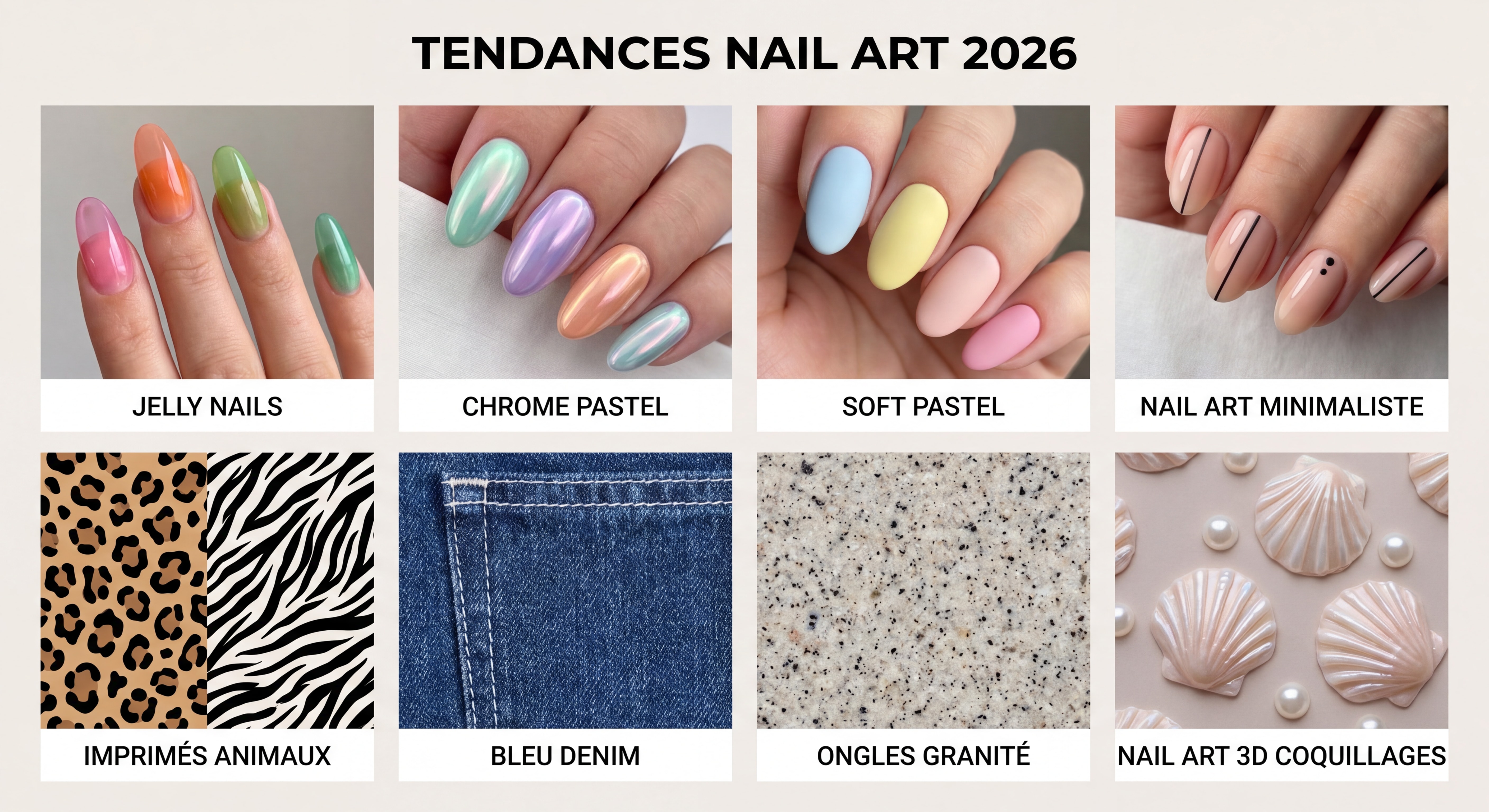 Tendances nail art 2026 - collage des 8 styles tendance : jelly nails, chrome pastel, soft pastel, nail art minimaliste, imprimés animaux, bleu denim, ongles granité, nail art 3D coquillages
