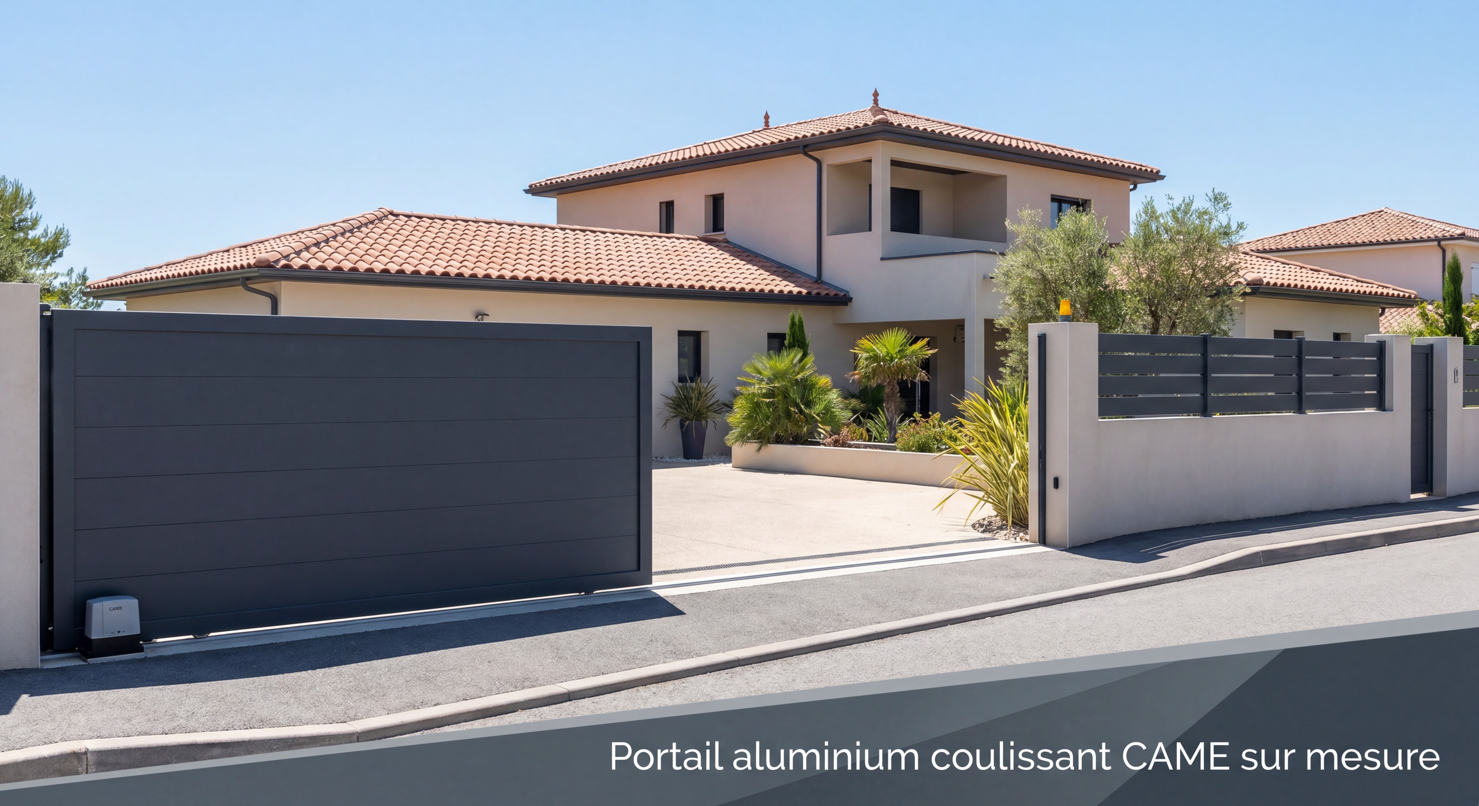Motorisation Portail CAME à Marseille : Le Guide Pratique Complet pour Réussir Votre Projet Portail aluminium coulissant sur mesure motorisé CAME ouvert devant une villa marseillaise, vue depuis la rue, finition anthracite